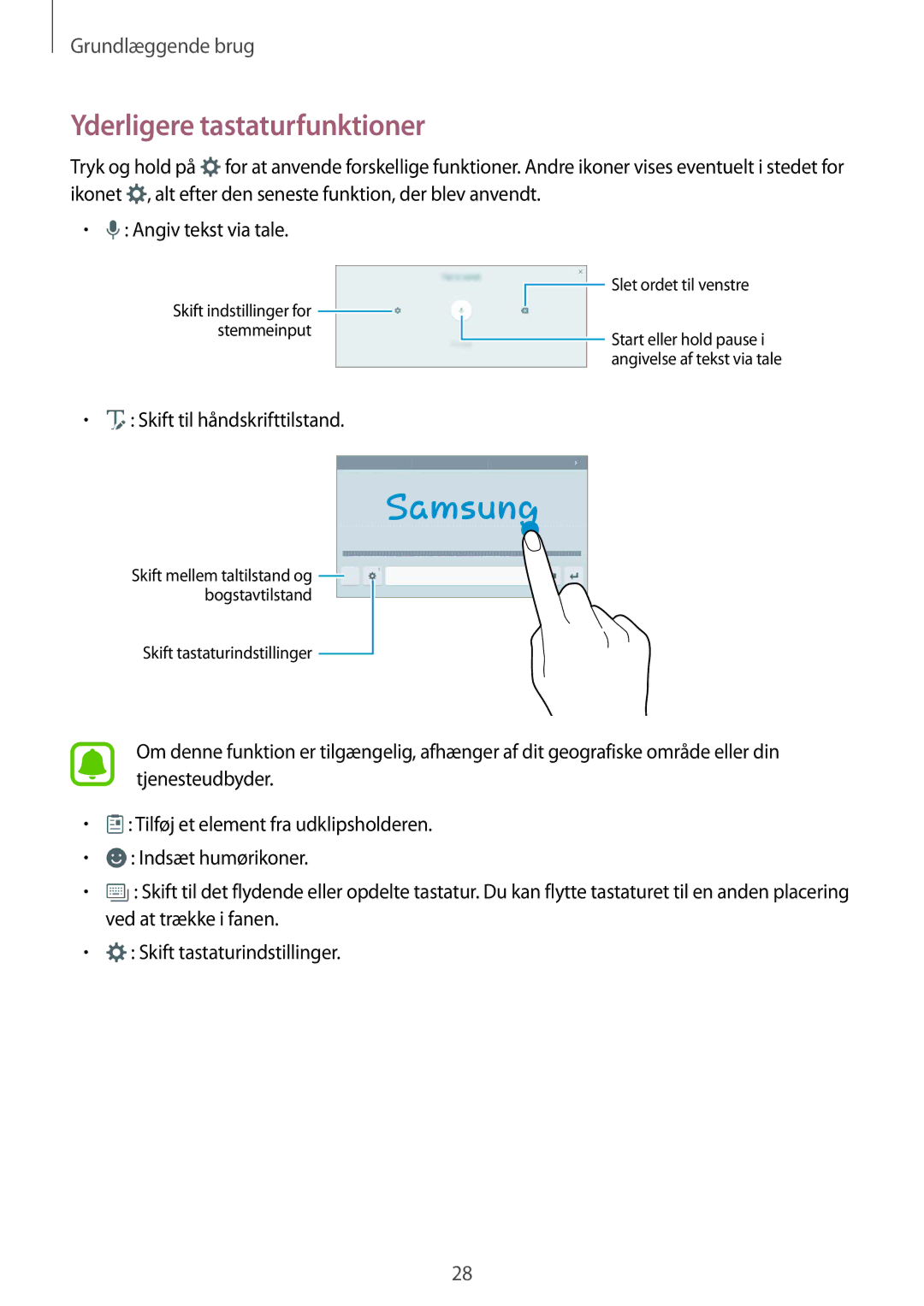 Samsung SM-T585NZWANEE, SM-T585NZWENEE, SM-T585NZKANEE manual Yderligere tastaturfunktioner, Skift til håndskrifttilstand 