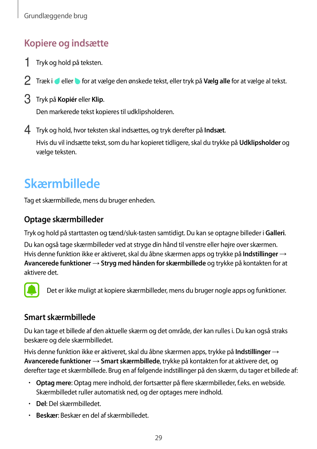 Samsung SM-T585NZWENEE, SM-T585NZWANEE manual Skærmbillede, Kopiere og indsætte, Optage skærmbilleder, Smart skærmbillede 