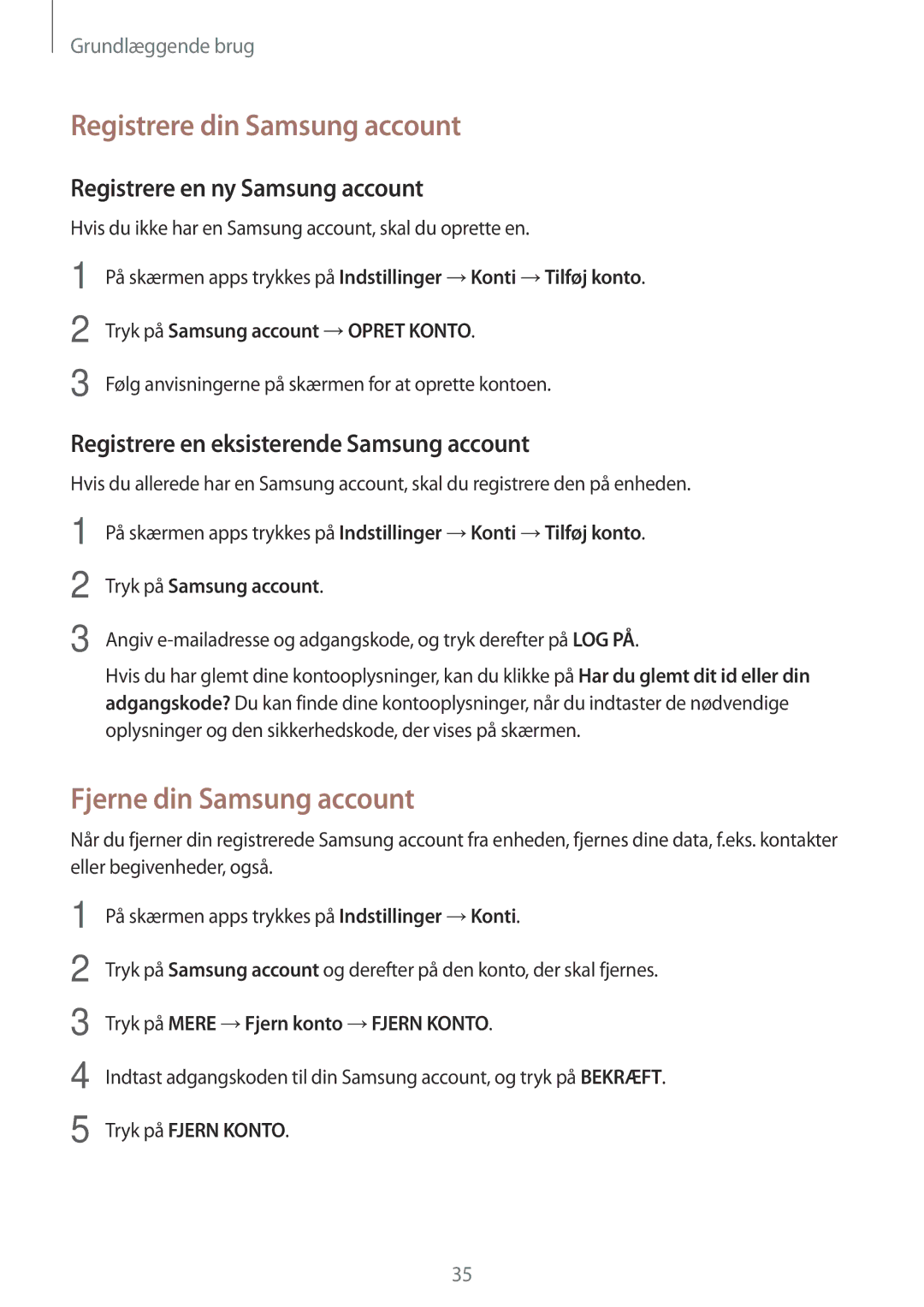 Samsung SM-T585NZKENEE manual Registrere din Samsung account, Fjerne din Samsung account, Registrere en ny Samsung account 