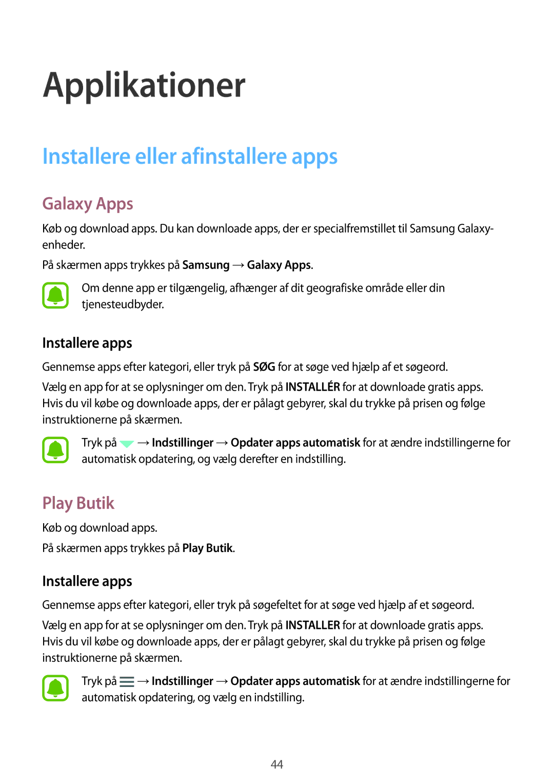 Samsung SM-T585NZWANEE, SM-T585NZWENEE manual Installere eller afinstallere apps, Galaxy Apps, Play Butik, Installere apps 