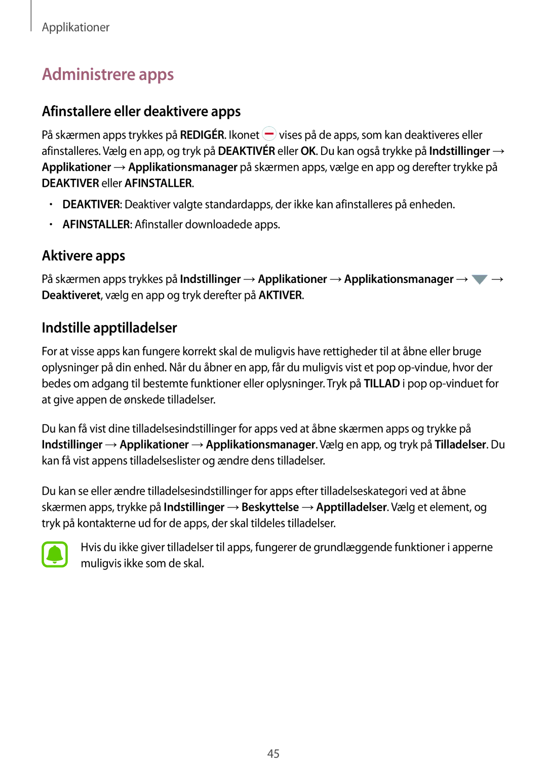 Samsung SM-T585NZWENEE Administrere apps, Afinstallere eller deaktivere apps, Aktivere apps, Indstille apptilladelser 