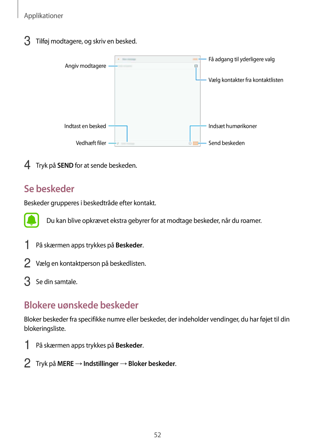 Samsung SM-T585NZWANEE, SM-T585NZWENEE manual Se beskeder, Blokere uønskede beskeder, Tilføj modtagere, og skriv en besked 