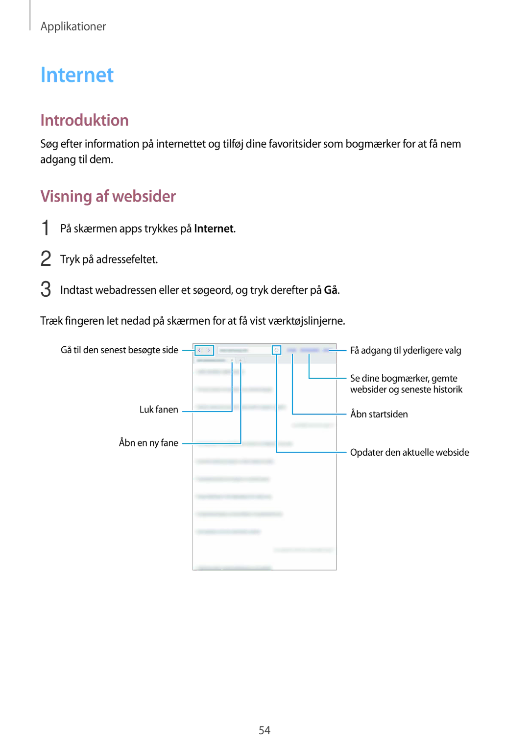 Samsung SM-T585NZKANEE, SM-T585NZWANEE, SM-T585NZWENEE, SM-T585NZKENEE manual Internet, Visning af websider 