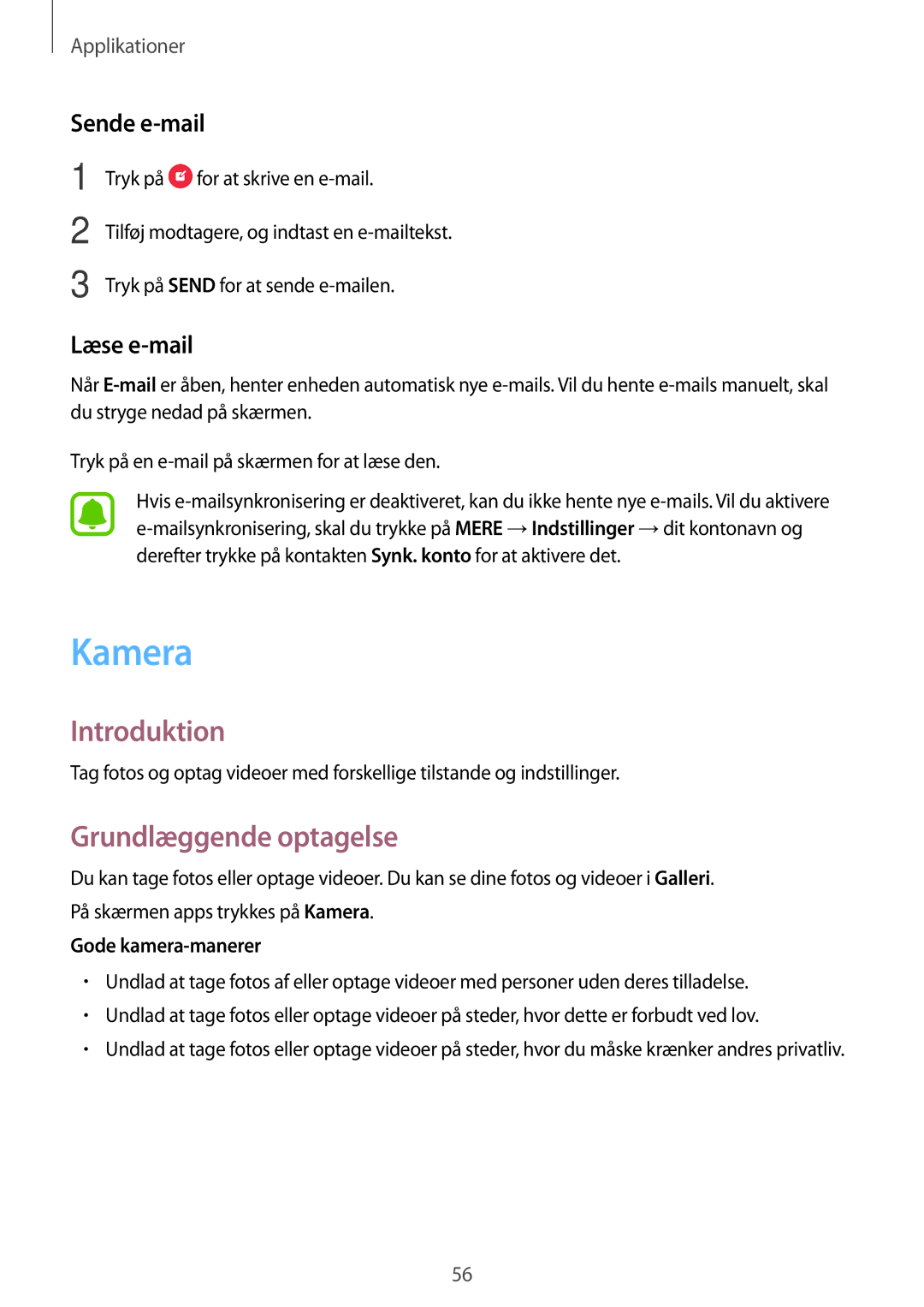 Samsung SM-T585NZWANEE, SM-T585NZWENEE Kamera, Grundlæggende optagelse, Sende e-mail, Læse e-mail, Gode kamera-manerer 
