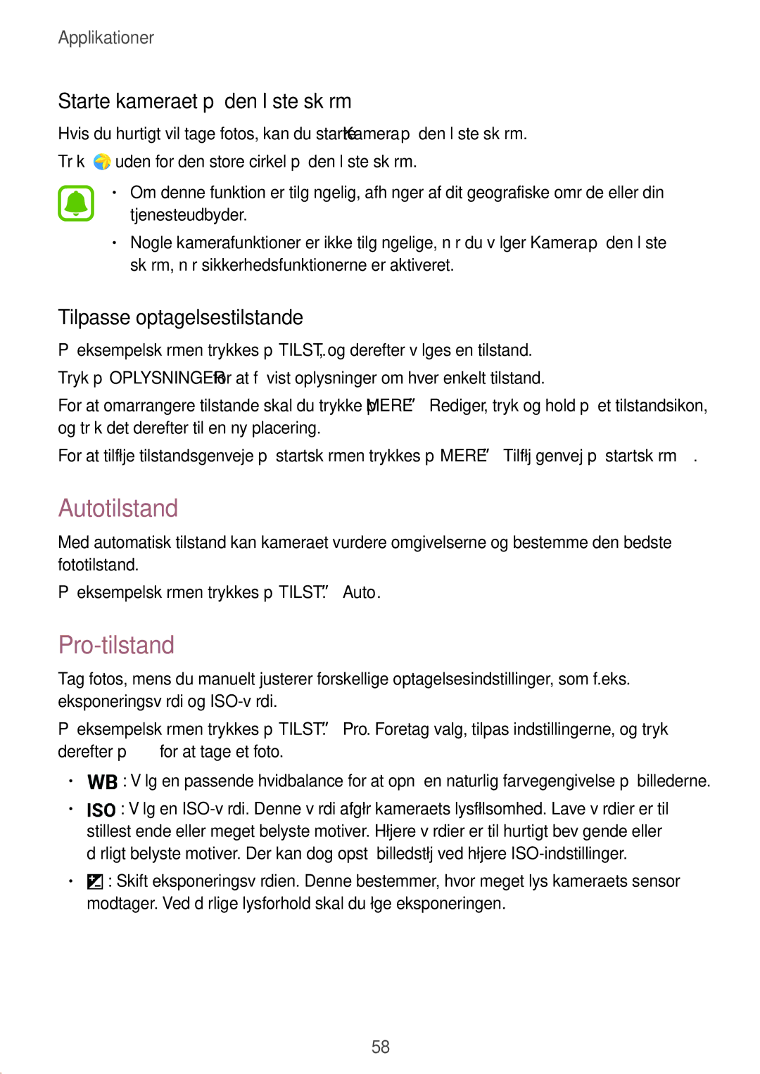 Samsung SM-T585NZKANEE manual Autotilstand, Pro-tilstand, Starte kameraet på den låste skærm, Tilpasse optagelsestilstande 