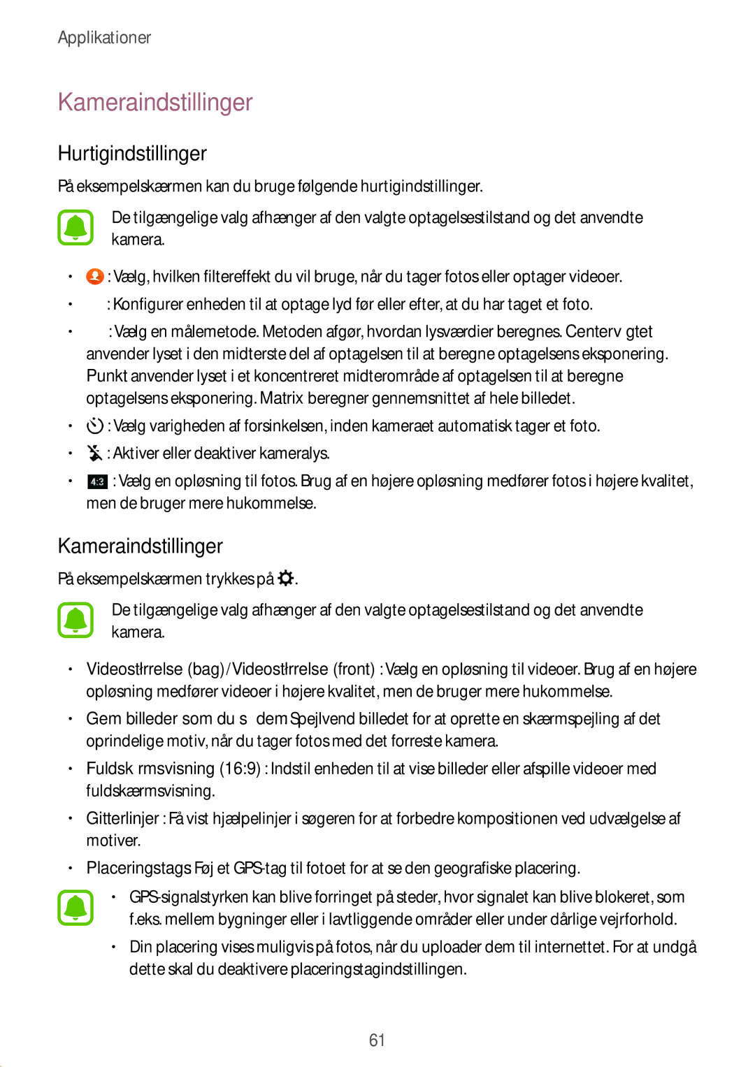 Samsung SM-T585NZWENEE, SM-T585NZWANEE, SM-T585NZKANEE, SM-T585NZKENEE manual Kameraindstillinger, Hurtigindstillinger 