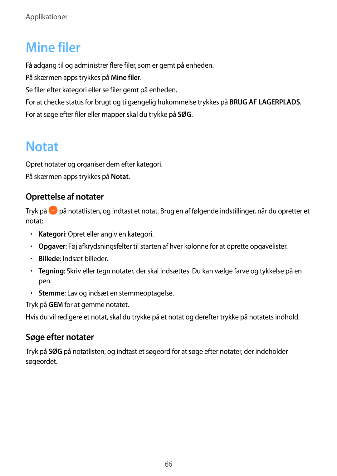 Samsung SM-T585NZKANEE, SM-T585NZWANEE, SM-T585NZWENEE manual Mine filer, Notat, Oprettelse af notater, Søge efter notater 