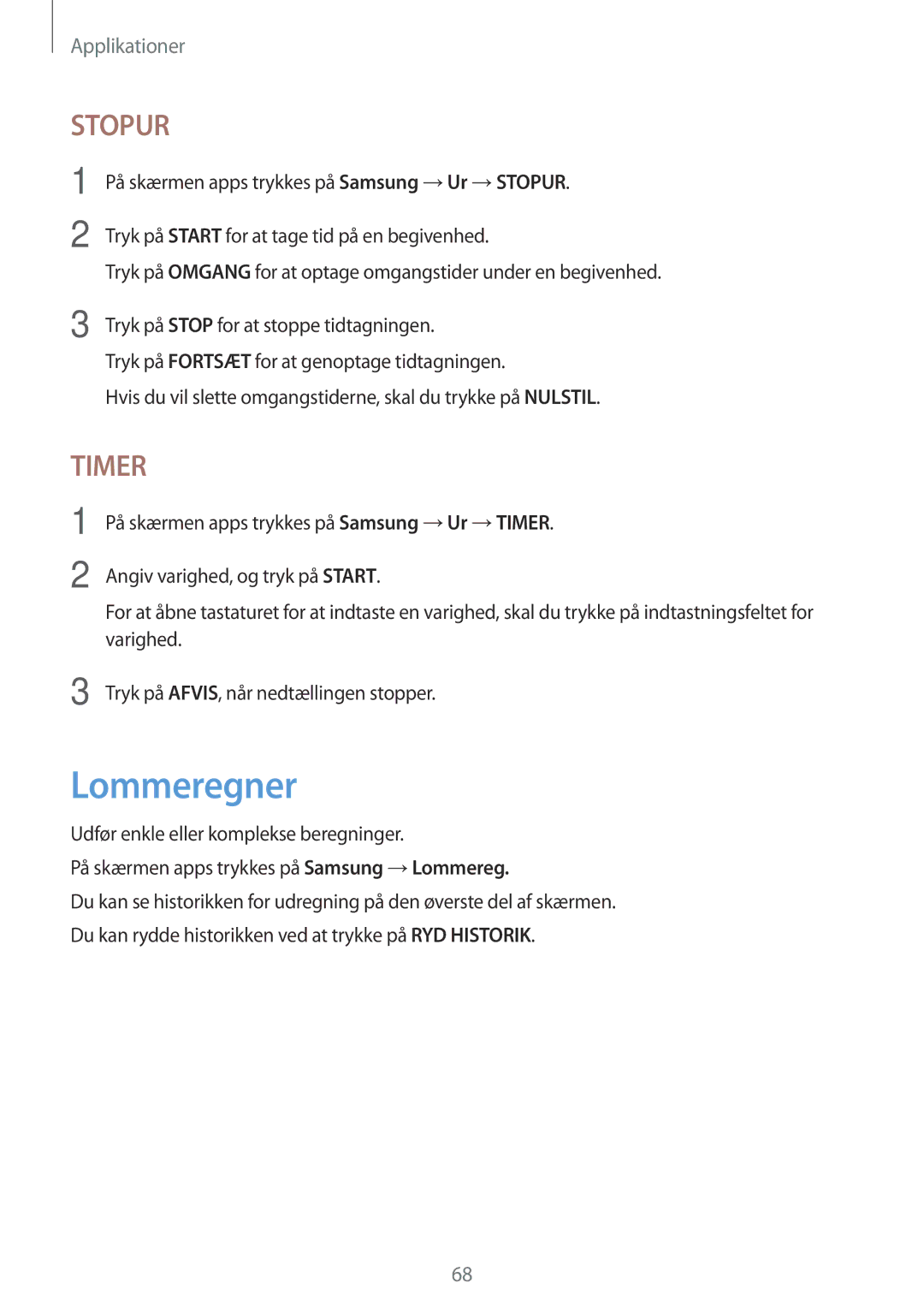 Samsung SM-T585NZWANEE, SM-T585NZWENEE, SM-T585NZKANEE, SM-T585NZKENEE manual Lommeregner, Stopur 