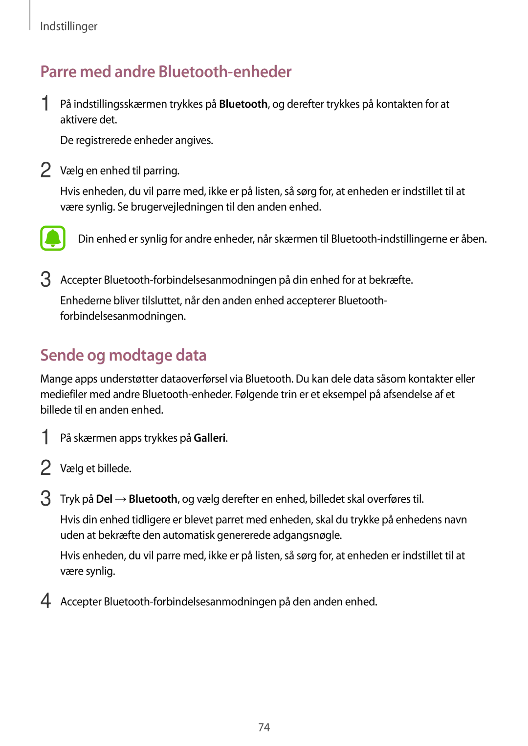 Samsung SM-T585NZKANEE, SM-T585NZWANEE, SM-T585NZWENEE manual Parre med andre Bluetooth-enheder, Sende og modtage data 