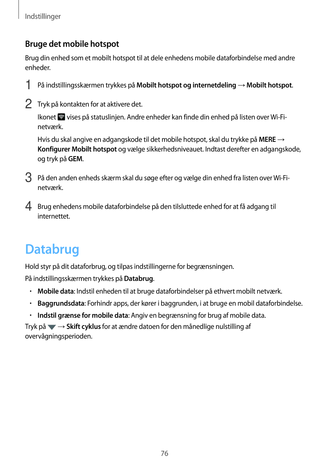 Samsung SM-T585NZWANEE, SM-T585NZWENEE, SM-T585NZKANEE manual Databrug, Bruge det mobile hotspot, Netværk, Internettet 