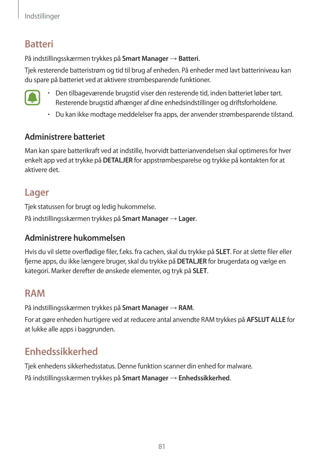 Samsung SM-T585NZWENEE, SM-T585NZWANEE Batteri, Lager, Enhedssikkerhed, Administrere batteriet, Administrere hukommelsen 