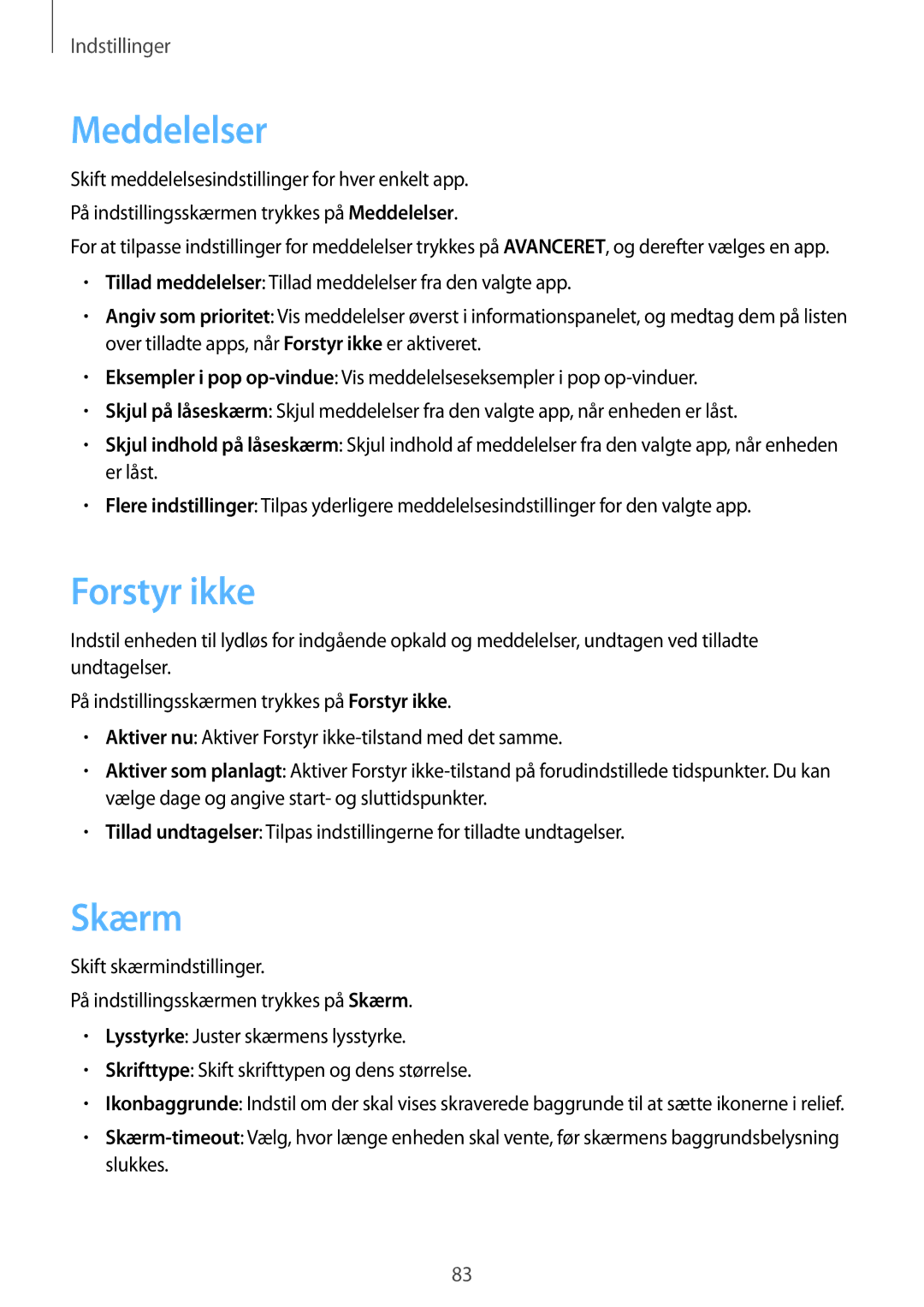 Samsung SM-T585NZKENEE, SM-T585NZWANEE, SM-T585NZWENEE, SM-T585NZKANEE manual Meddelelser, Forstyr ikke, Skærm 