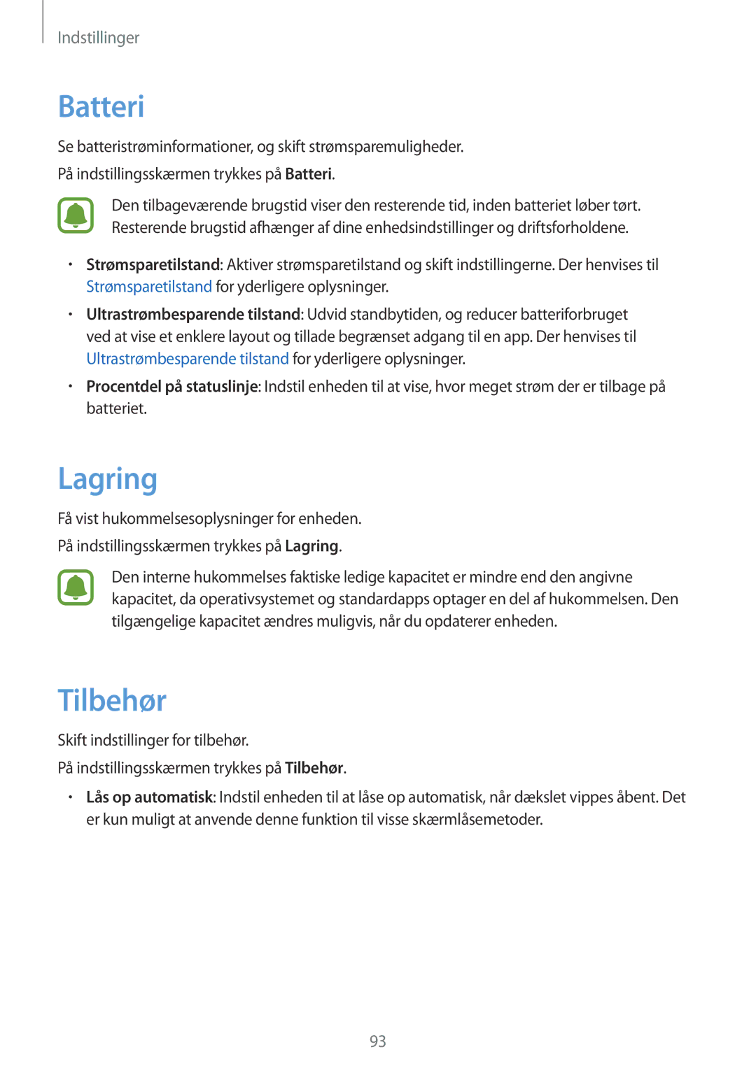 Samsung SM-T585NZWENEE, SM-T585NZWANEE, SM-T585NZKANEE, SM-T585NZKENEE manual Lagring, Tilbehør 