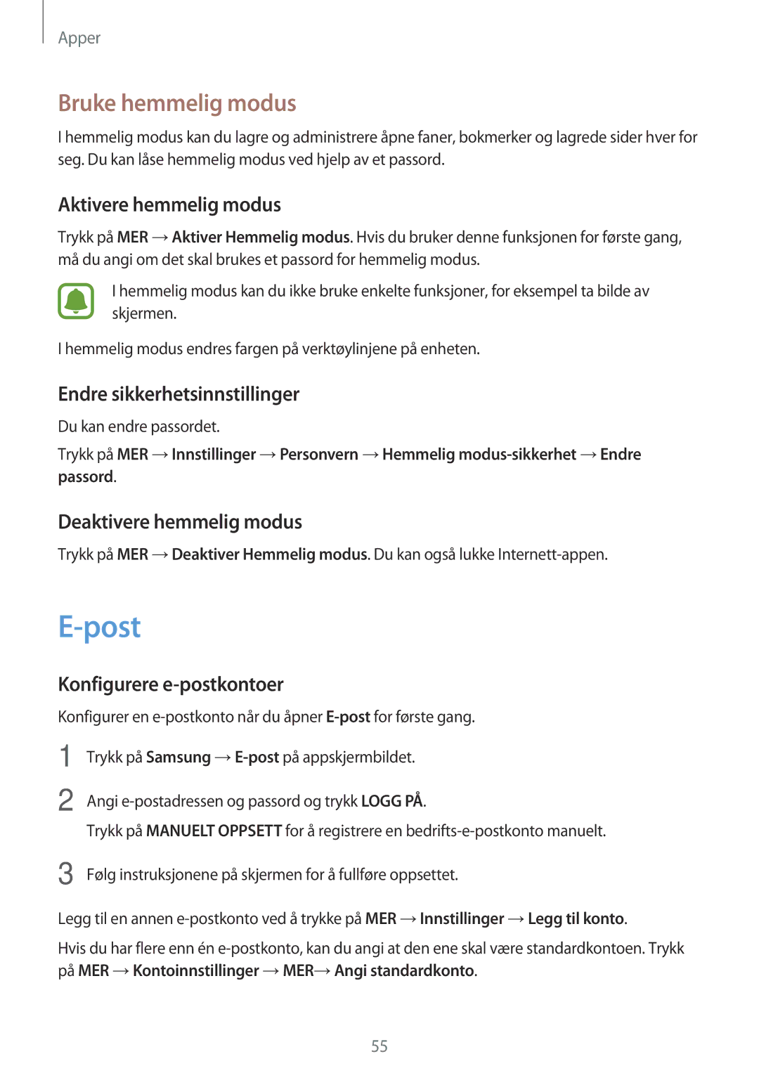 Samsung SM-T585NZKENEE, SM-T585NZWANEE, SM-T585NZWENEE, SM-T585NZKANEE manual Post, Bruke hemmelig modus 