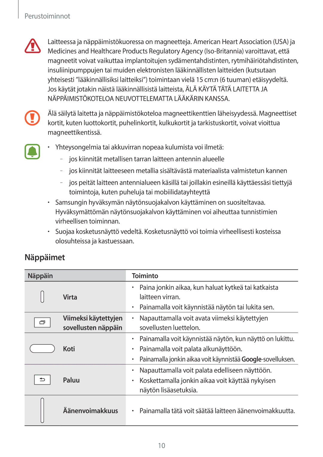 Samsung SM-T585NZKANEE, SM-T585NZWANEE, SM-T585NZWENEE, SM-T585NZKENEE manual Näppäimet, Näppäin Toiminto, Virta, Koti, Paluu 