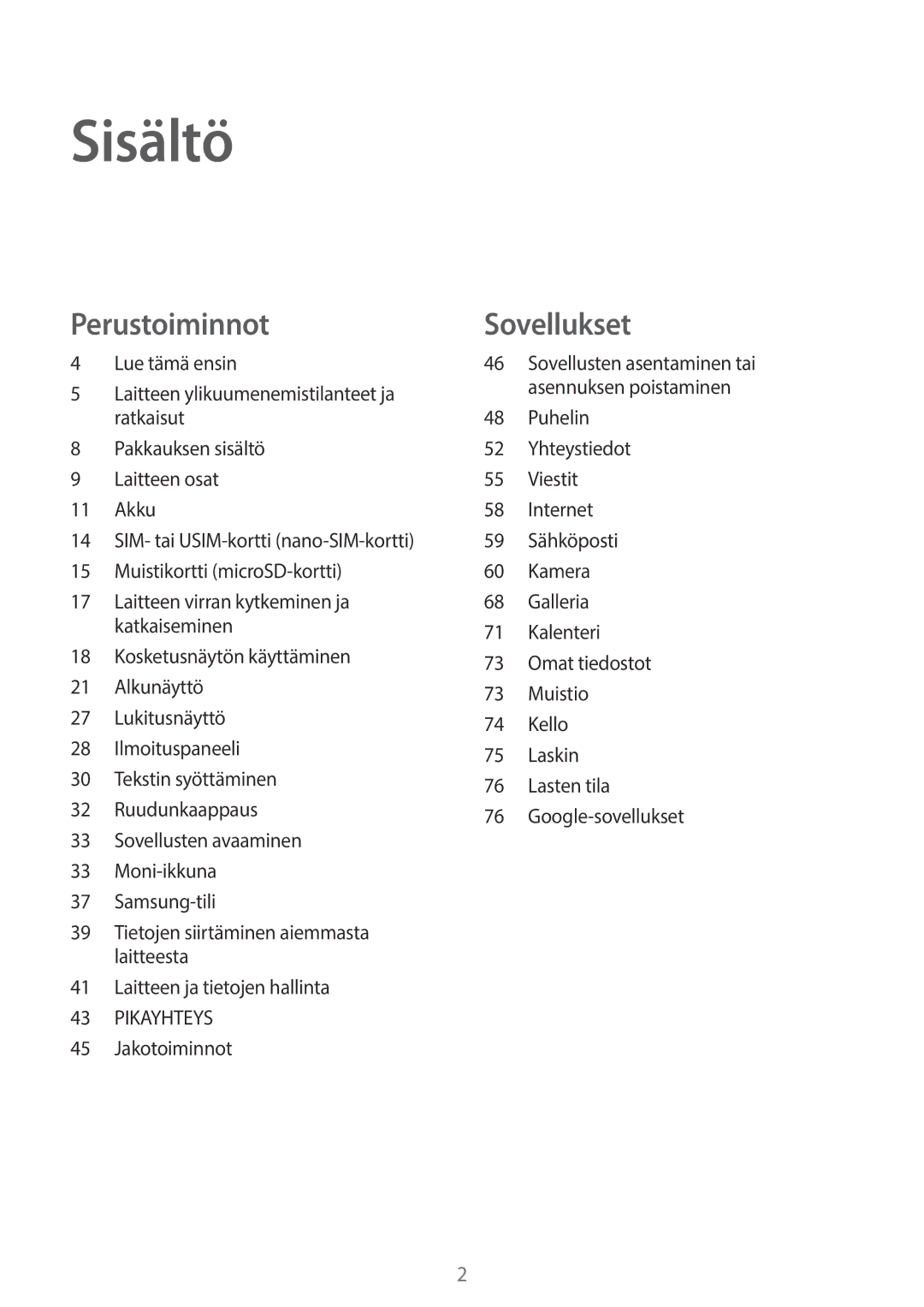 Samsung SM-T585NZKANEE, SM-T585NZWANEE, SM-T585NZWENEE, SM-T585NZKENEE manual Sisältö 