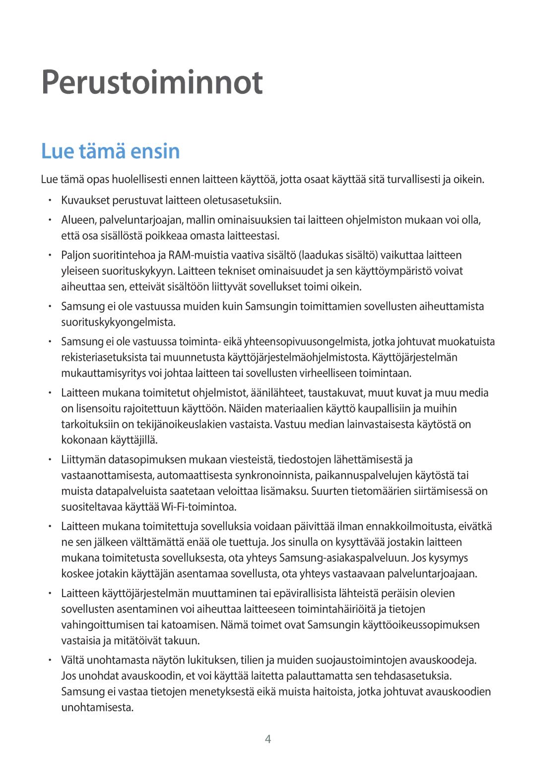 Samsung SM-T585NZWANEE, SM-T585NZWENEE, SM-T585NZKANEE, SM-T585NZKENEE manual Perustoiminnot, Lue tämä ensin 