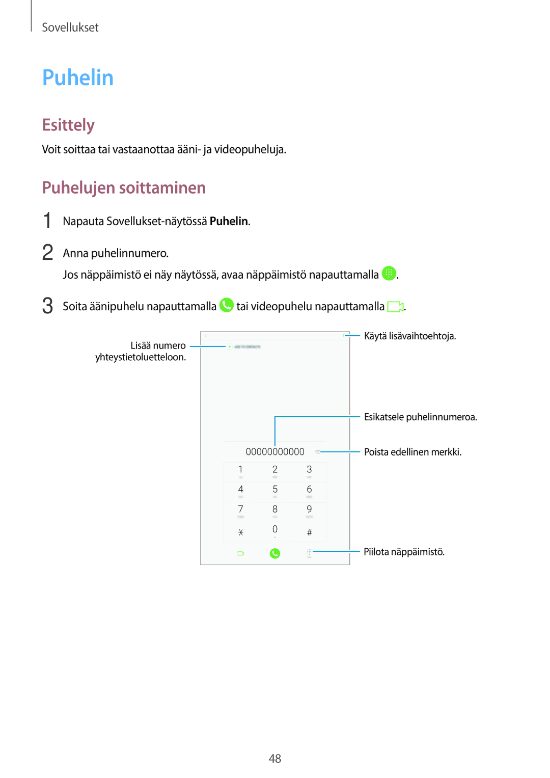 Samsung SM-T585NZWANEE, SM-T585NZWENEE, SM-T585NZKANEE, SM-T585NZKENEE manual Puhelin, Puhelujen soittaminen 