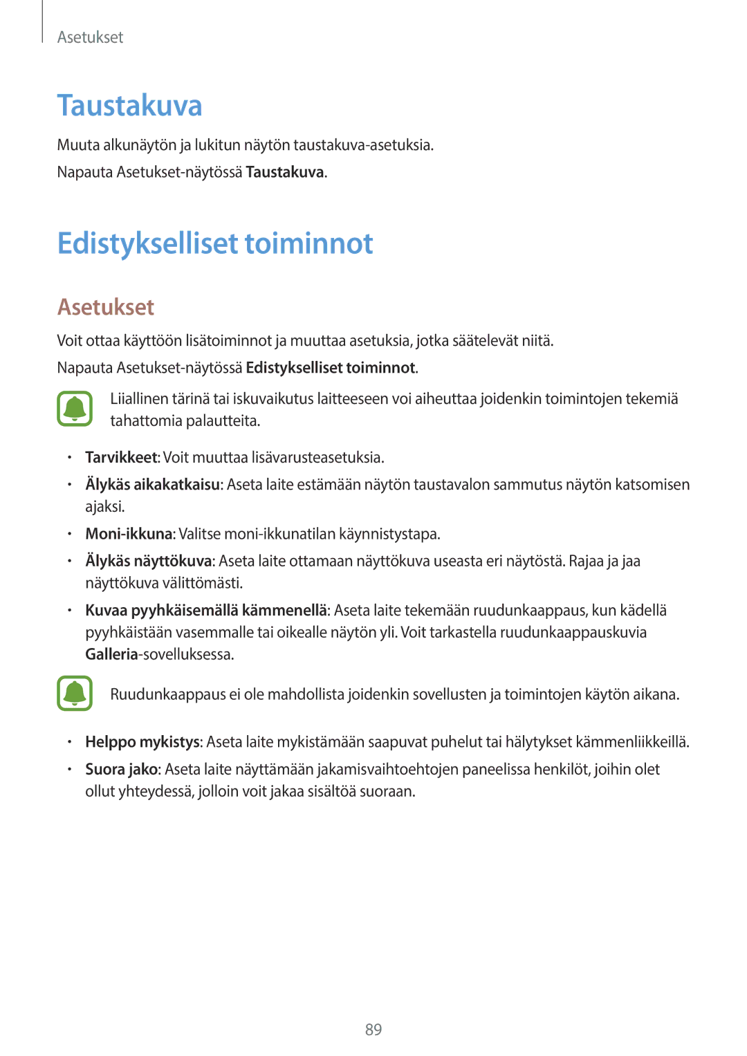 Samsung SM-T585NZWENEE, SM-T585NZWANEE, SM-T585NZKANEE, SM-T585NZKENEE manual Taustakuva, Edistykselliset toiminnot 