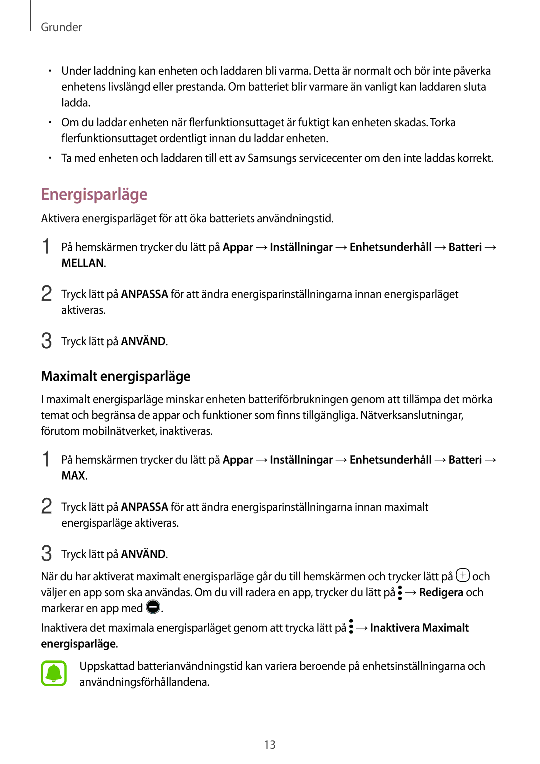 Samsung SM-T585NZWENEE, SM-T585NZWANEE, SM-T585NZKANEE, SM-T585NZKENEE manual Energisparläge, Maximalt energisparläge 