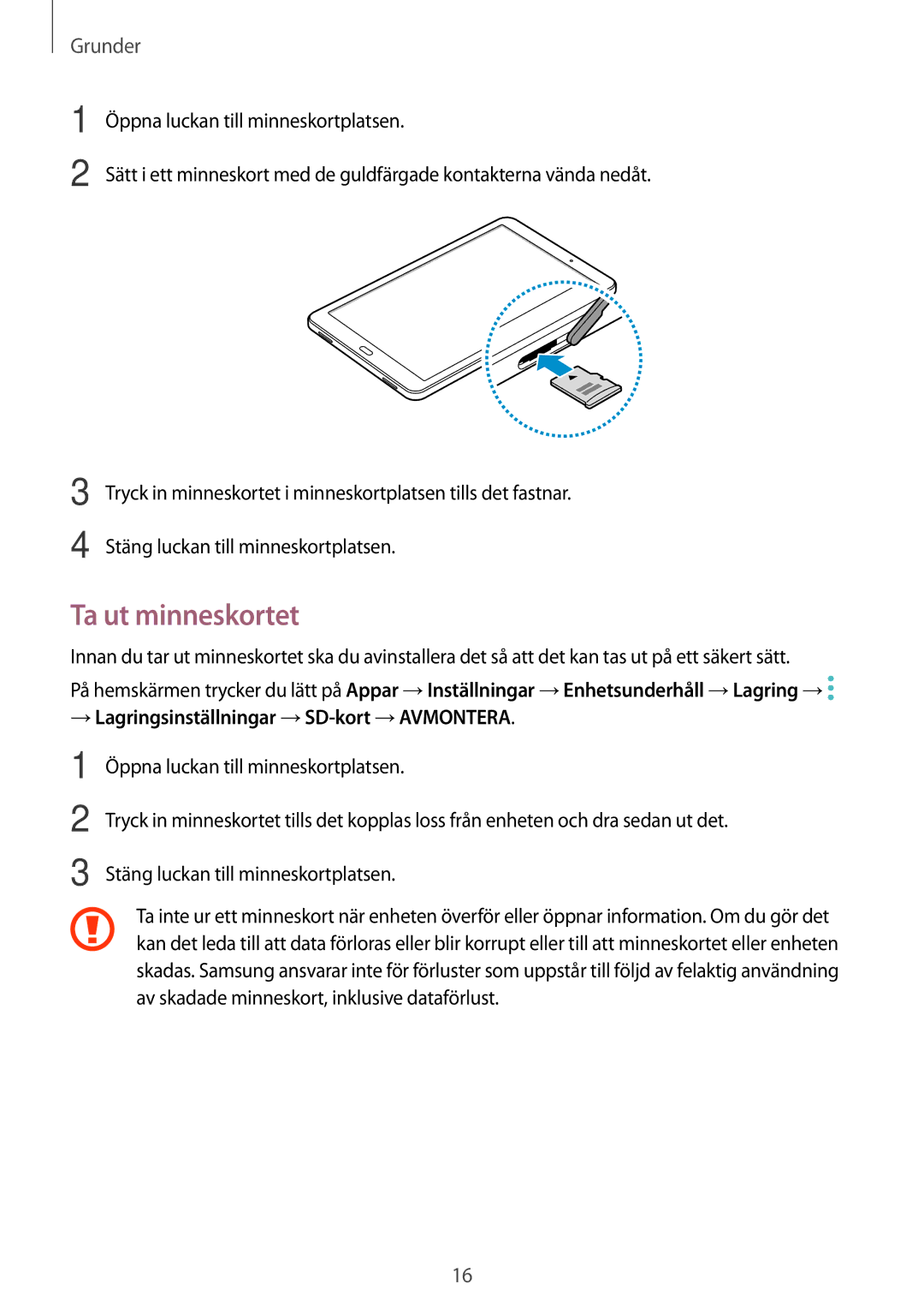 Samsung SM-T585NZWANEE, SM-T585NZWENEE, SM-T585NZKANEE manual Ta ut minneskortet, → Lagringsinställningar →SD-kort →AVMONTERA 