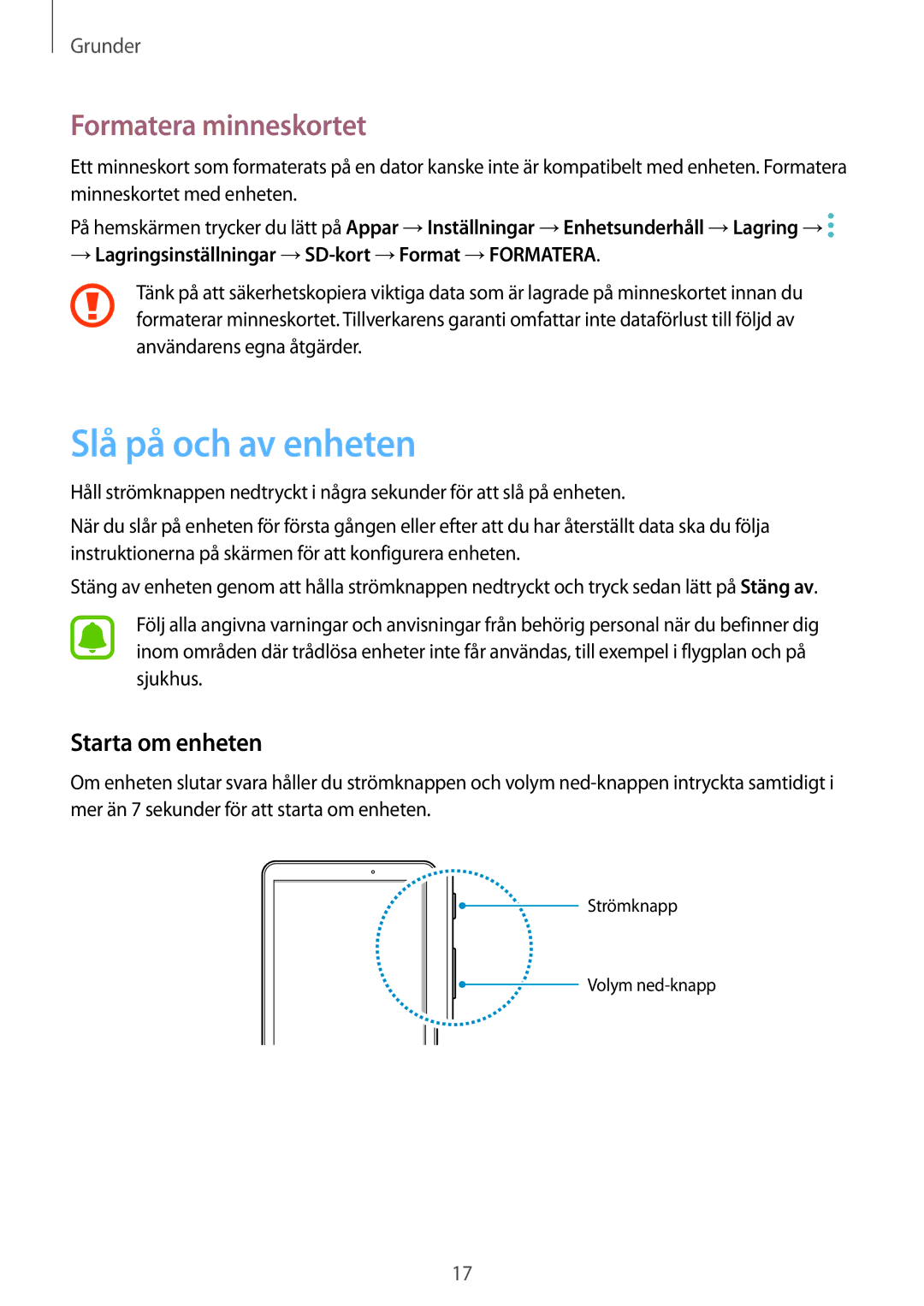 Samsung SM-T585NZWENEE, SM-T585NZWANEE, SM-T585NZKANEE Slå på och av enheten, Formatera minneskortet, Starta om enheten 