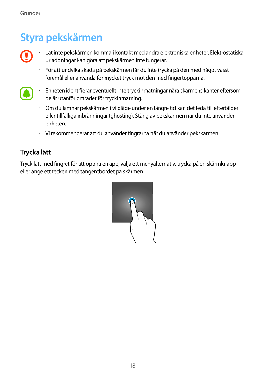 Samsung SM-T585NZKANEE, SM-T585NZWANEE, SM-T585NZWENEE, SM-T585NZKENEE manual Styra pekskärmen, Trycka lätt 