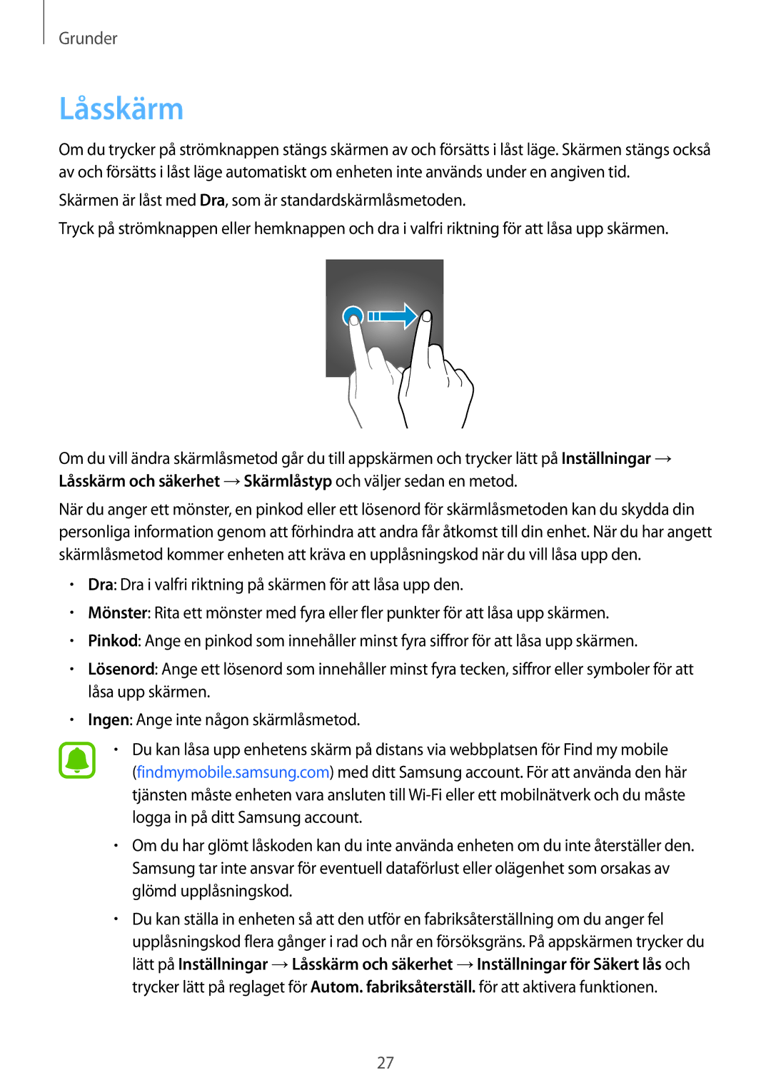 Samsung SM-T585NZKENEE, SM-T585NZWANEE, SM-T585NZWENEE, SM-T585NZKANEE manual Låsskärm 