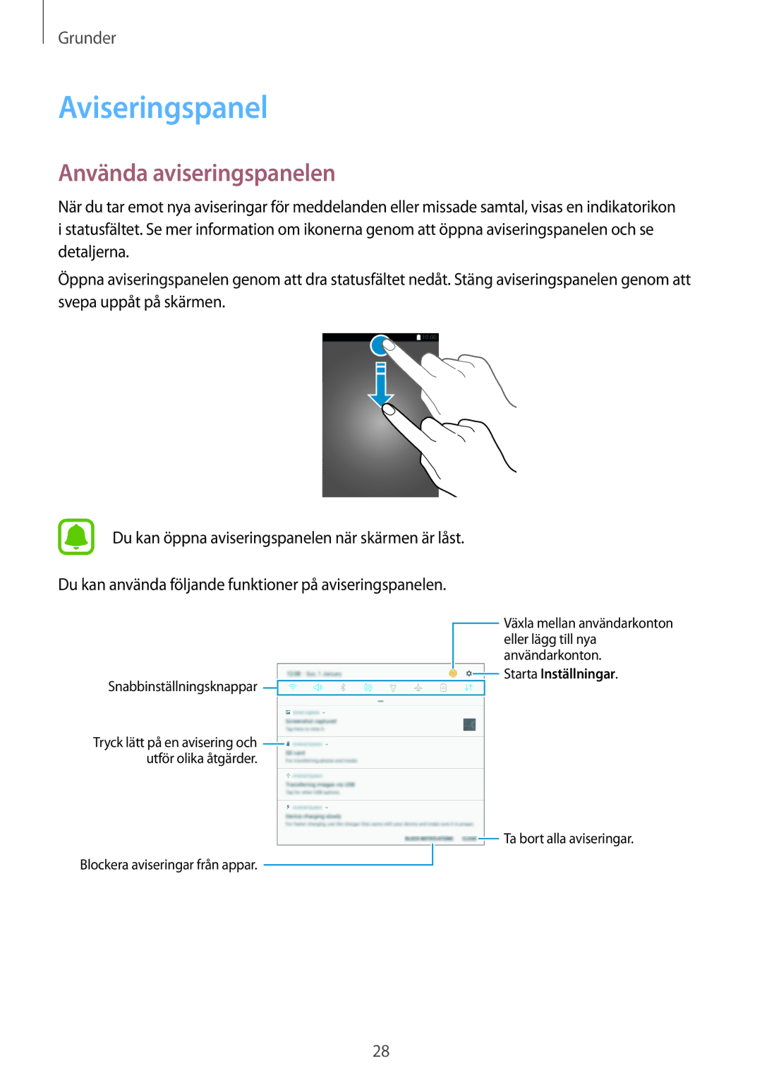 Samsung SM-T585NZWANEE, SM-T585NZWENEE, SM-T585NZKANEE, SM-T585NZKENEE manual Aviseringspanel, Använda aviseringspanelen 