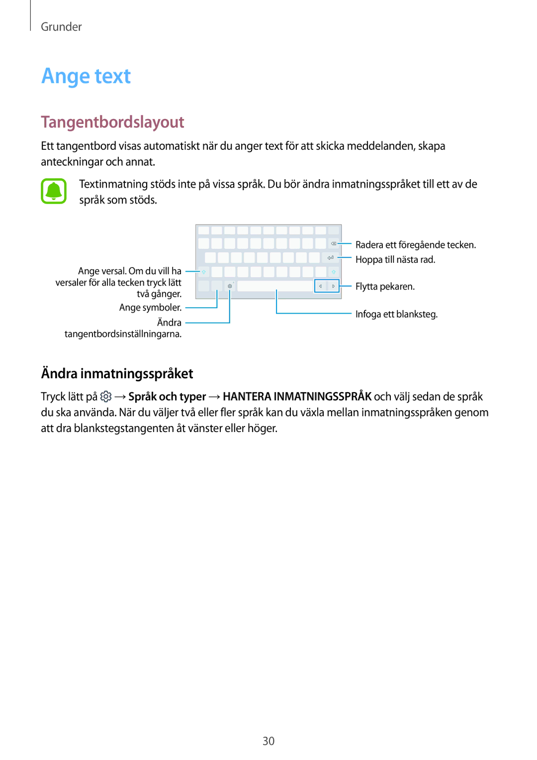 Samsung SM-T585NZKANEE, SM-T585NZWANEE, SM-T585NZWENEE manual Ange text, Tangentbordslayout, Ändra inmatningsspråket 