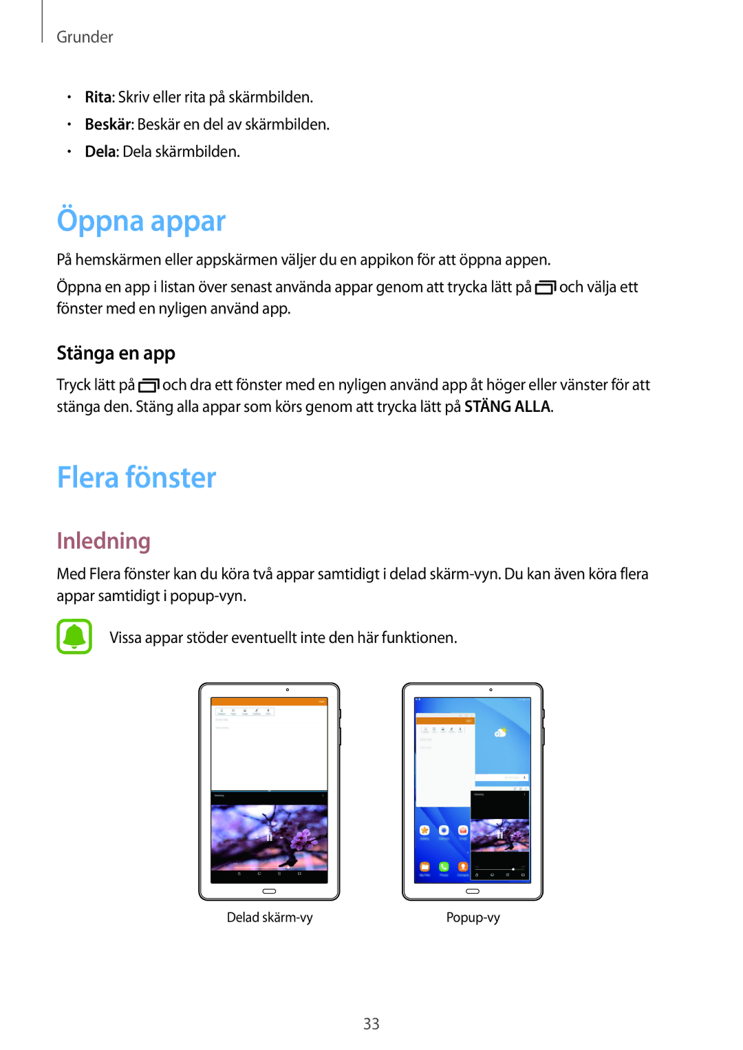 Samsung SM-T585NZWENEE, SM-T585NZWANEE, SM-T585NZKANEE, SM-T585NZKENEE Öppna appar, Flera fönster, Inledning, Stänga en app 