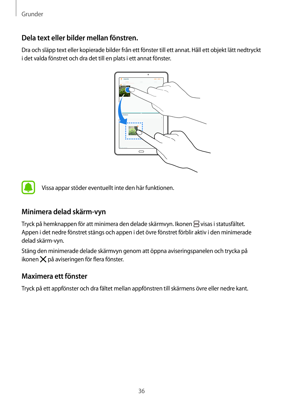 Samsung SM-T585NZWANEE manual Dela text eller bilder mellan fönstren, Minimera delad skärm-vyn, Maximera ett fönster 