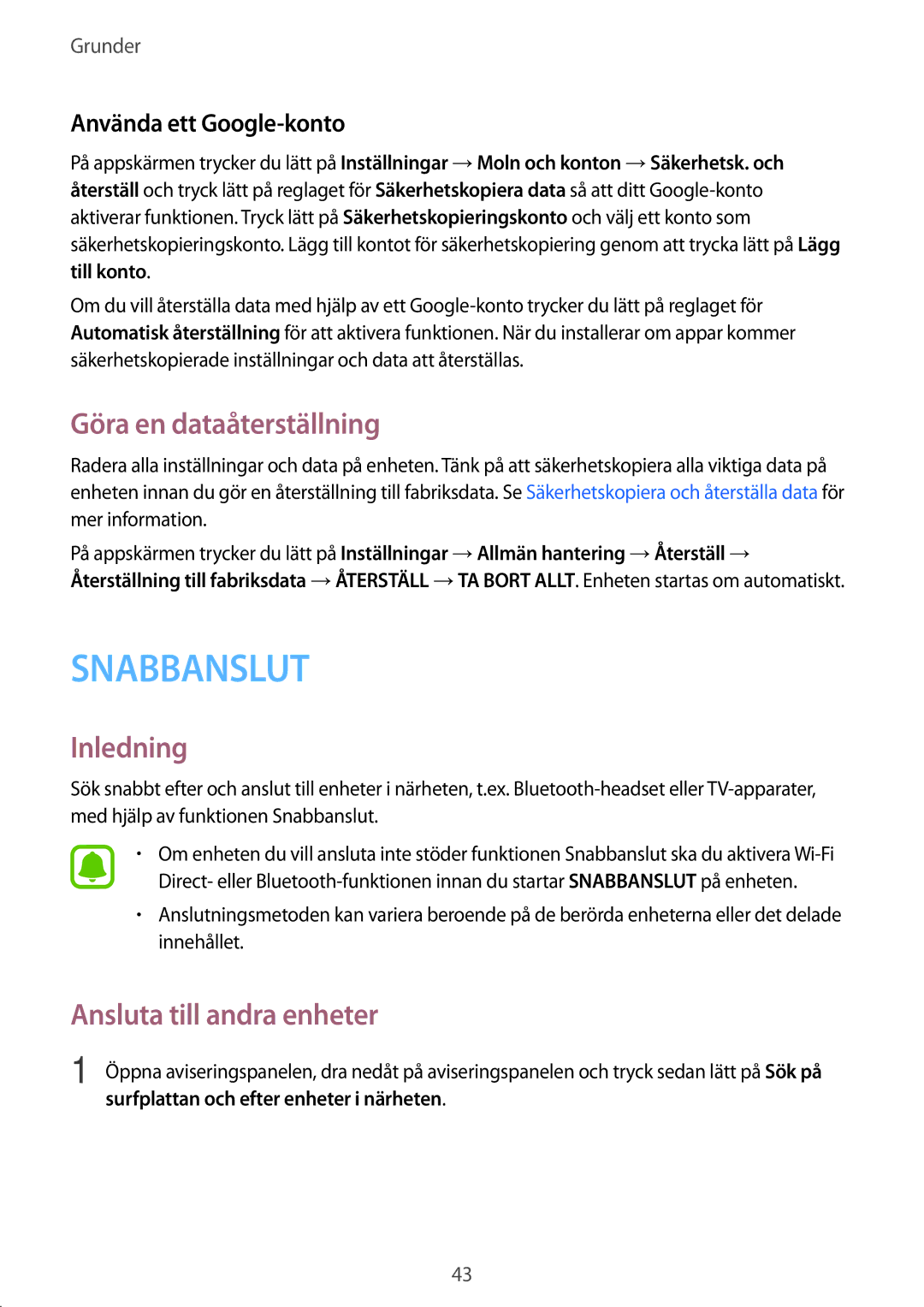 Samsung SM-T585NZKENEE, SM-T585NZWANEE Göra en dataåterställning, Ansluta till andra enheter, Använda ett Google-konto 