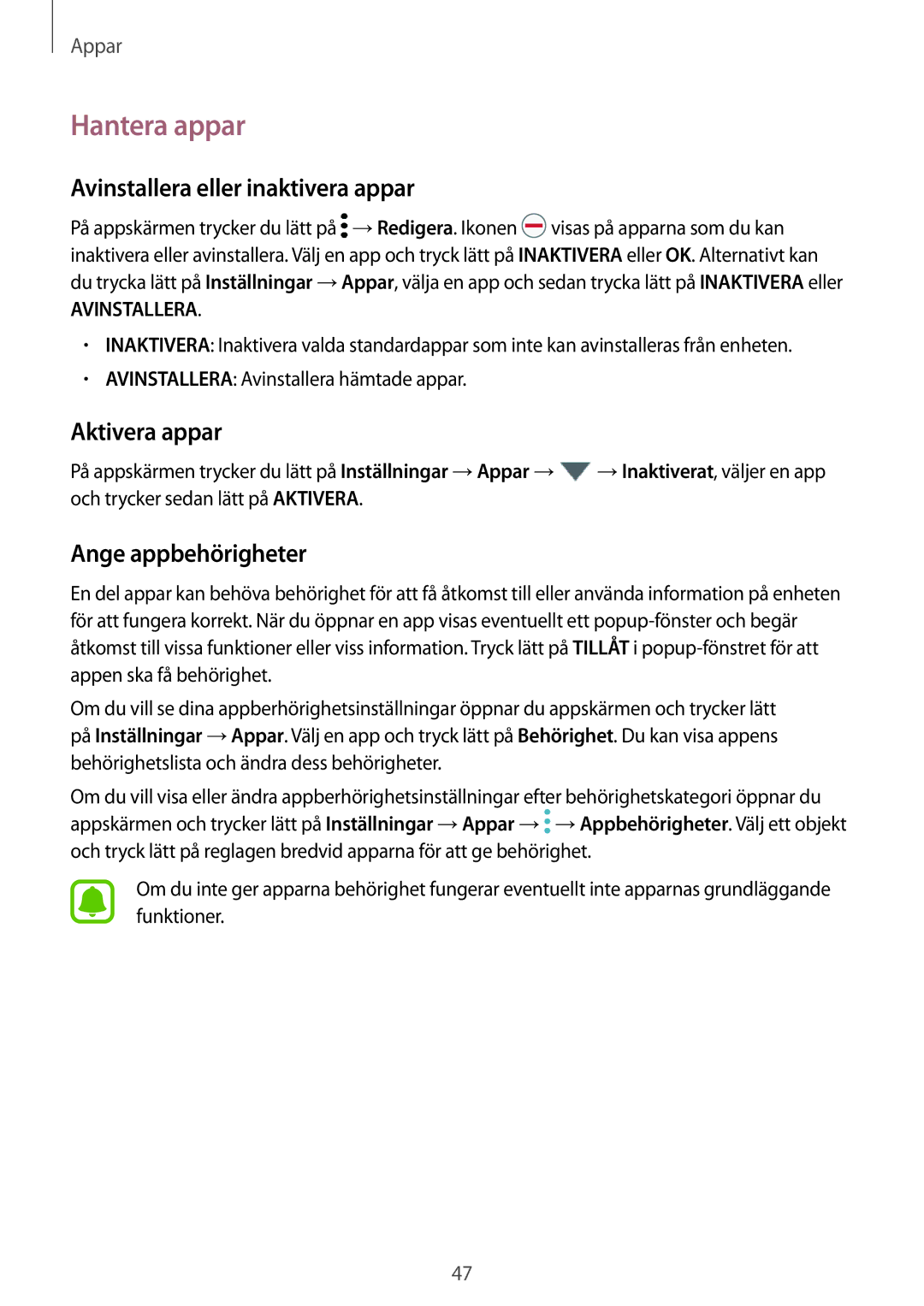 Samsung SM-T585NZKENEE manual Hantera appar, Avinstallera eller inaktivera appar, Aktivera appar, Ange appbehörigheter 