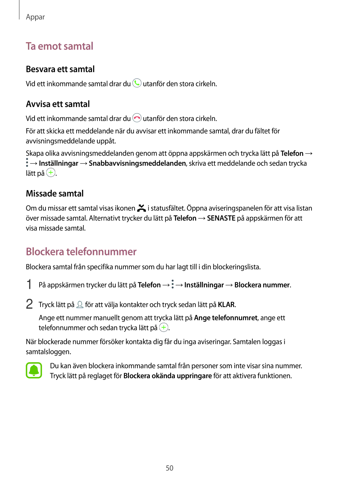 Samsung SM-T585NZKANEE manual Ta emot samtal, Blockera telefonnummer, Besvara ett samtal, Avvisa ett samtal, Missade samtal 