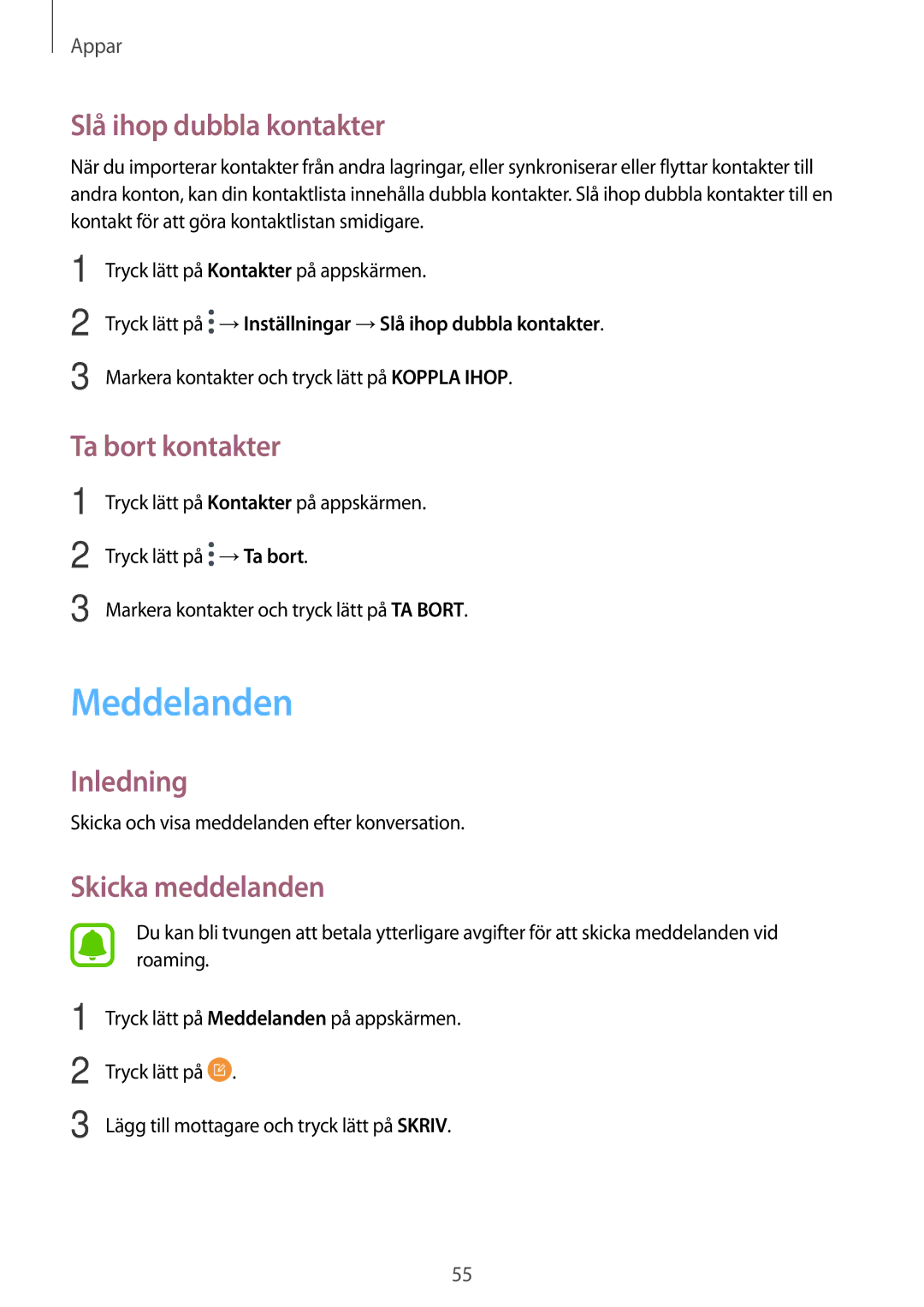 Samsung SM-T585NZKENEE, SM-T585NZWANEE manual Meddelanden, Slå ihop dubbla kontakter, Ta bort kontakter, Skicka meddelanden 