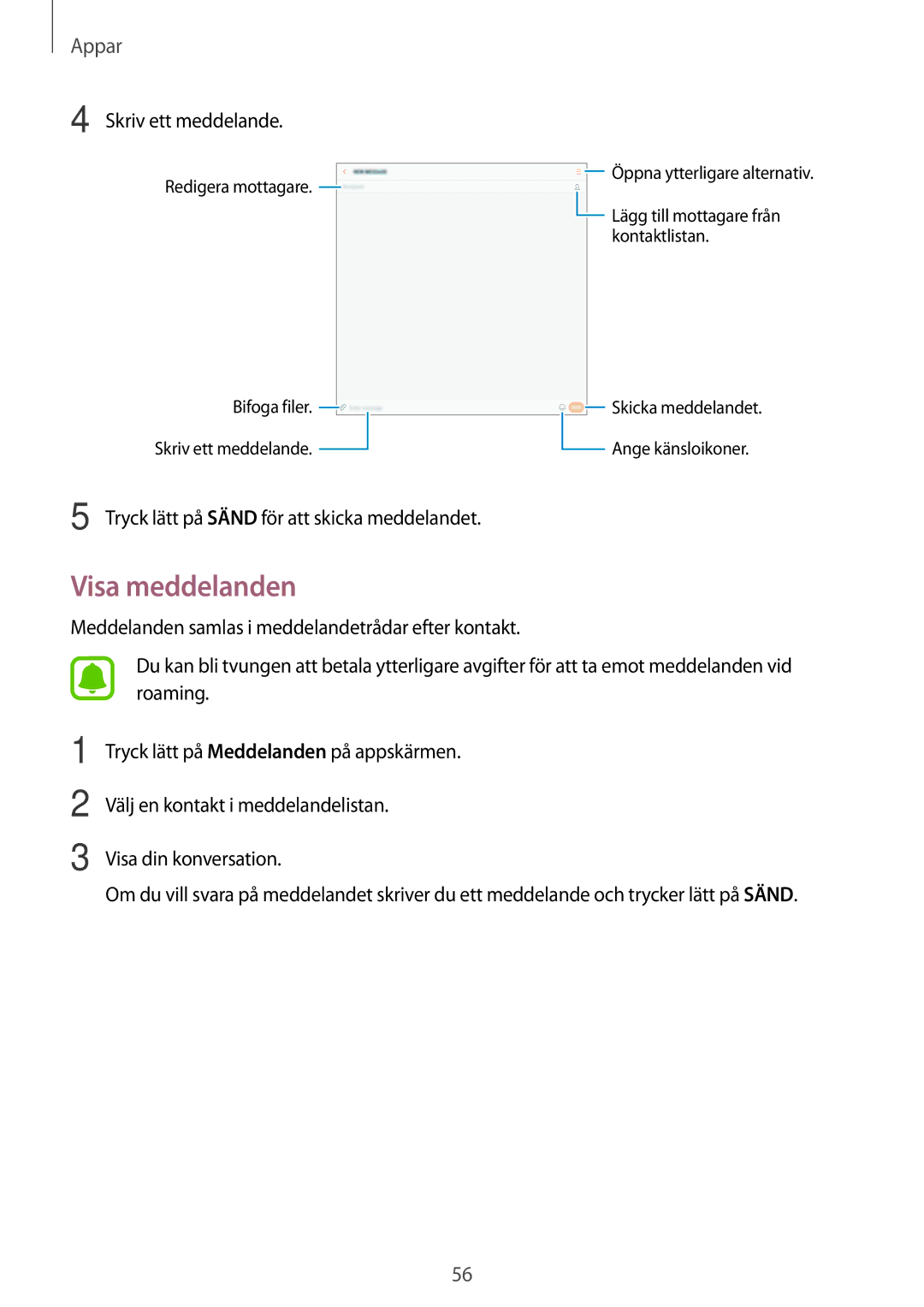 Samsung SM-T585NZWANEE, SM-T585NZWENEE, SM-T585NZKANEE manual Visa meddelanden, Tryck lätt på Sänd för att skicka meddelandet 