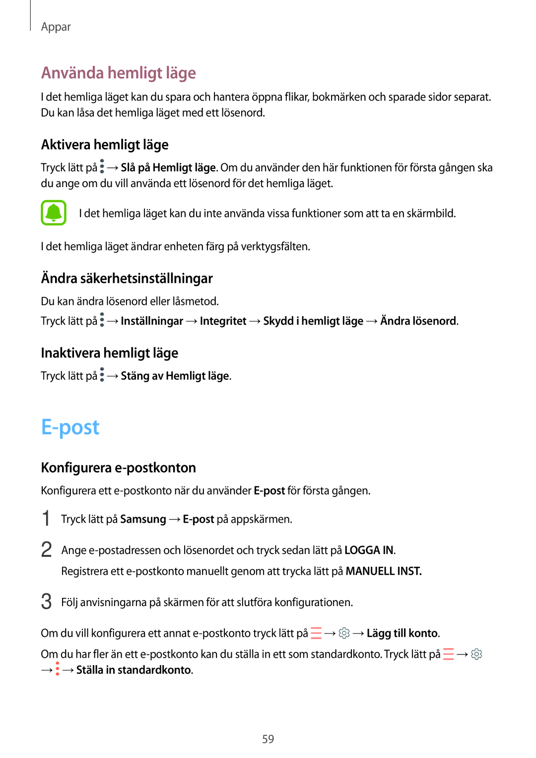 Samsung SM-T585NZKENEE, SM-T585NZWANEE, SM-T585NZWENEE, SM-T585NZKANEE manual Post, Använda hemligt läge 