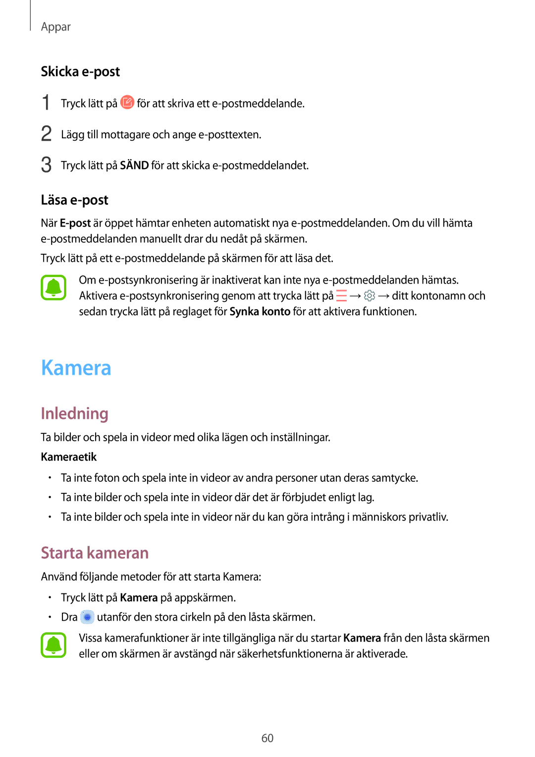 Samsung SM-T585NZWANEE, SM-T585NZWENEE, SM-T585NZKANEE manual Starta kameran, Skicka e-post, Läsa e-post, Kameraetik 