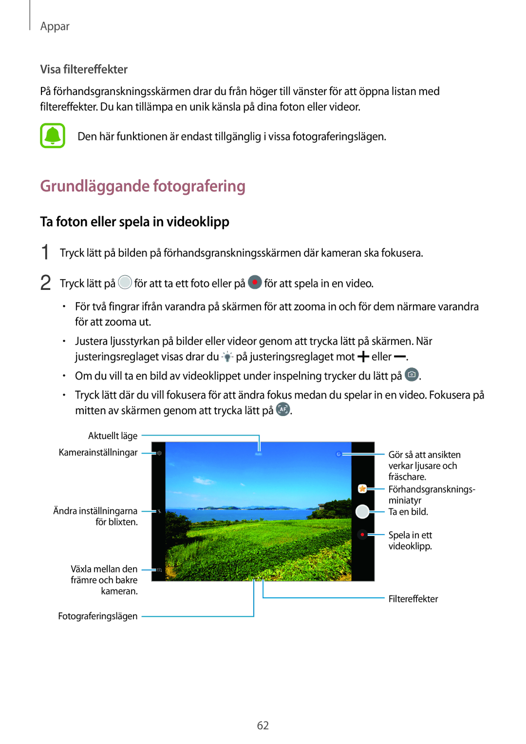 Samsung SM-T585NZKANEE, SM-T585NZWANEE, SM-T585NZWENEE manual Grundläggande fotografering, Ta foton eller spela in videoklipp 