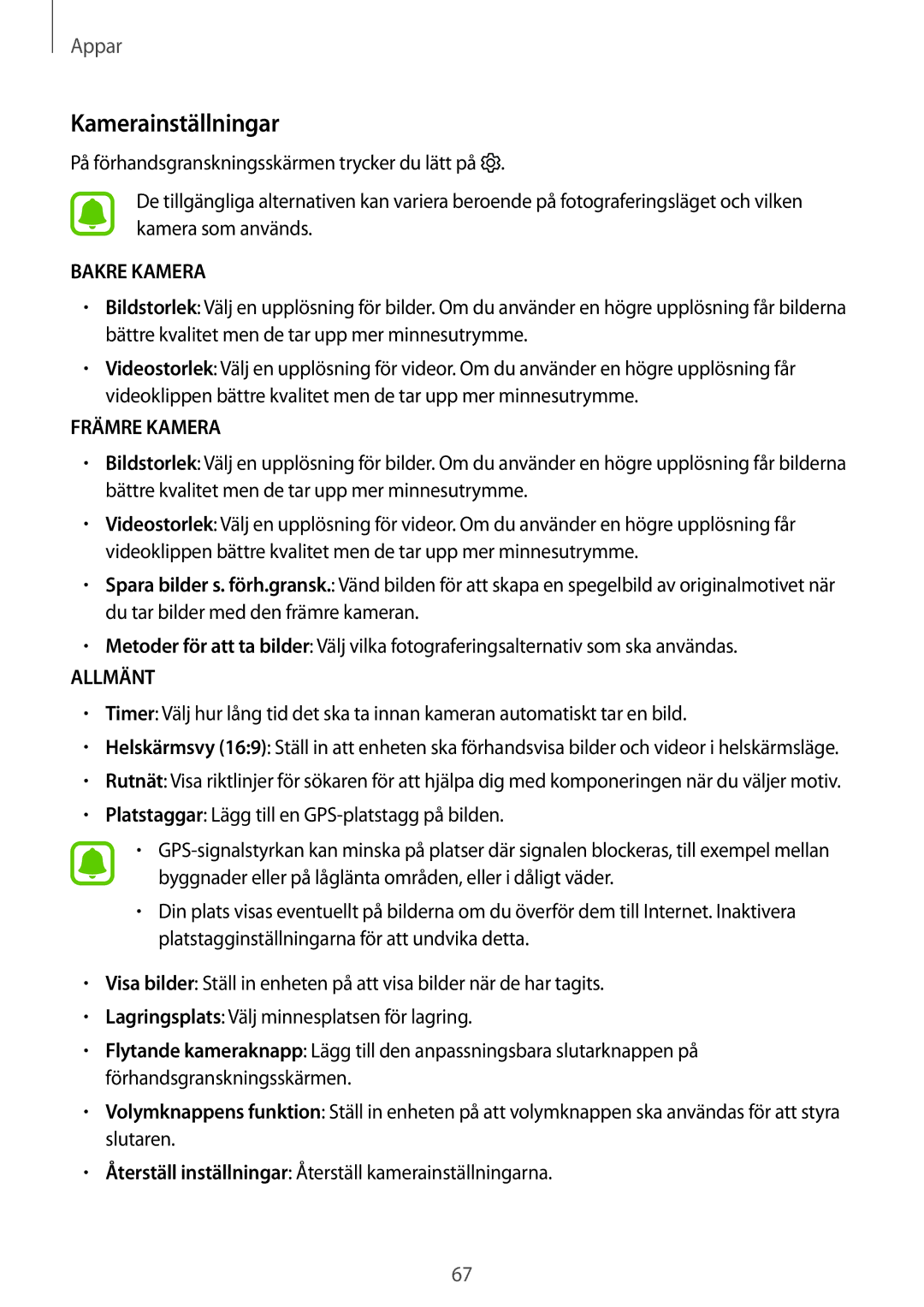 Samsung SM-T585NZKENEE, SM-T585NZWANEE, SM-T585NZWENEE, SM-T585NZKANEE manual Kamerainställningar, Bakre Kamera 