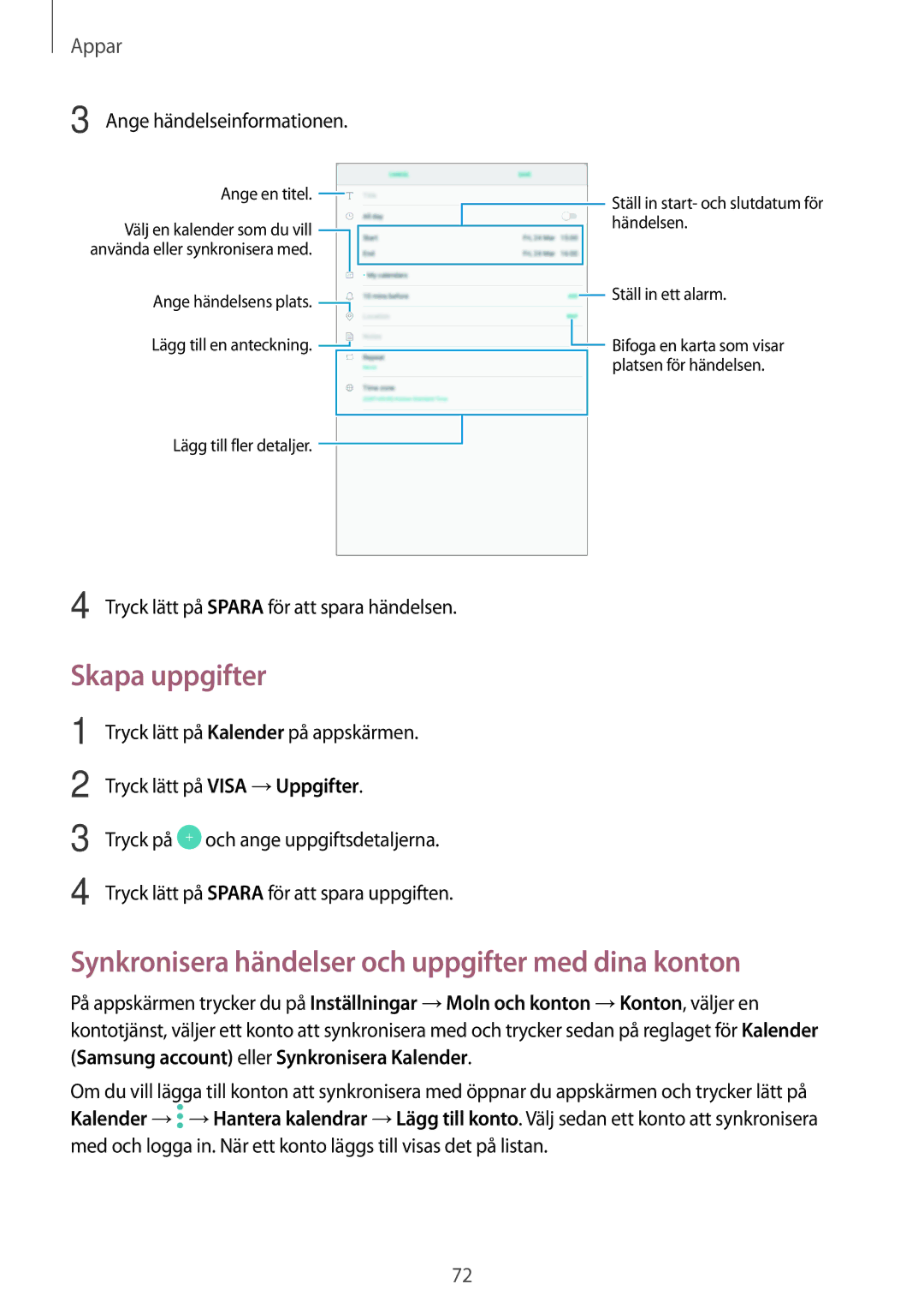 Samsung SM-T585NZWANEE, SM-T585NZWENEE manual Skapa uppgifter, Synkronisera händelser och uppgifter med dina konton 