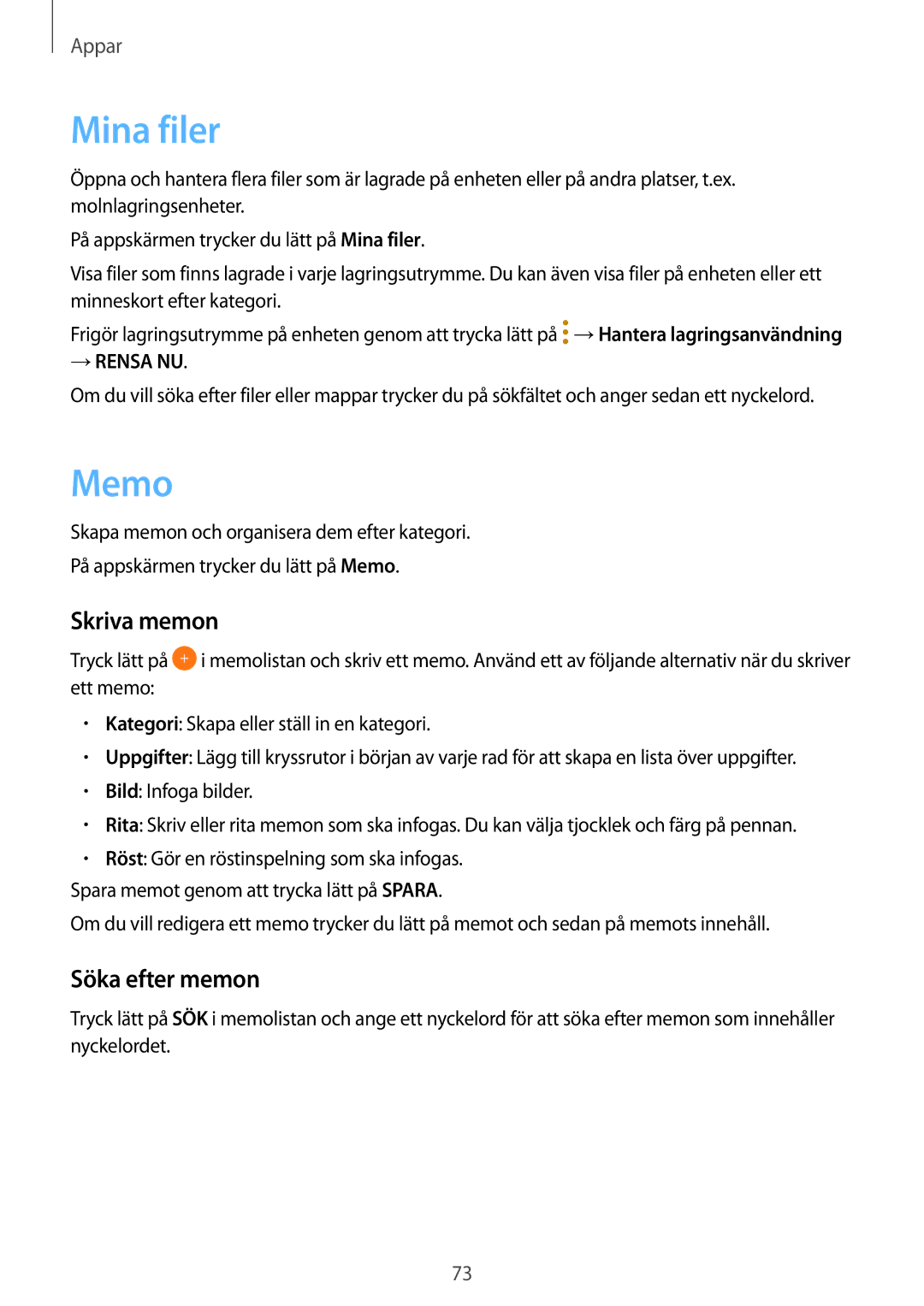 Samsung SM-T585NZWENEE, SM-T585NZWANEE, SM-T585NZKANEE, SM-T585NZKENEE manual Mina filer, Memo, Skriva memon, Söka efter memon 