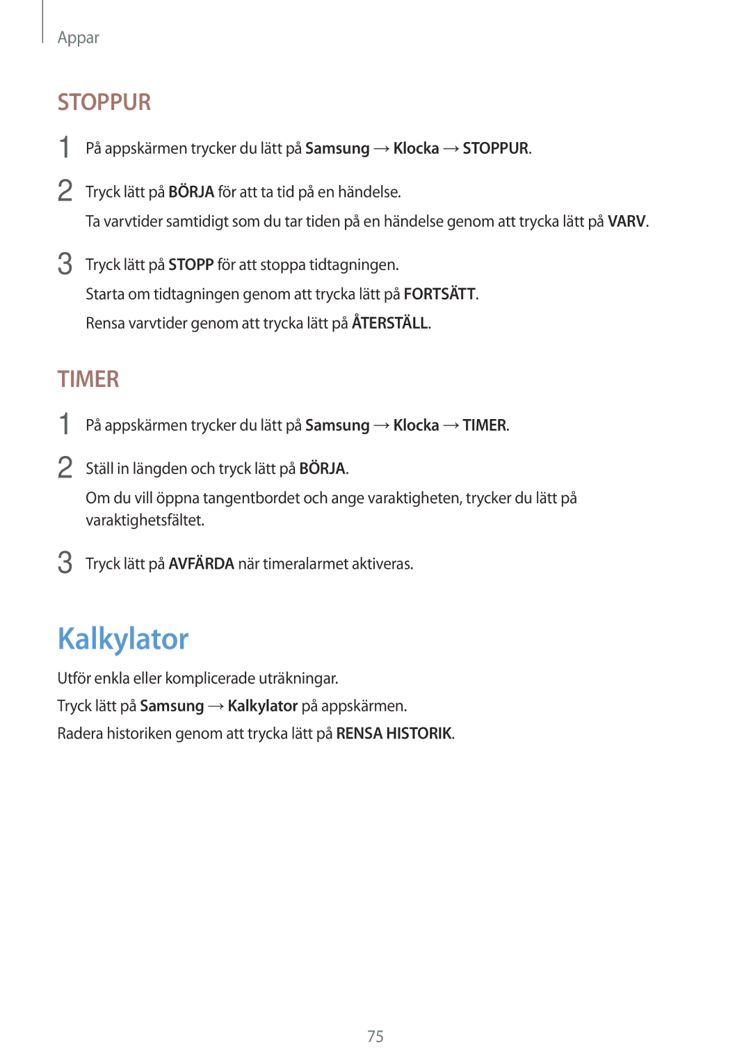 Samsung SM-T585NZKENEE, SM-T585NZWANEE, SM-T585NZWENEE, SM-T585NZKANEE manual Kalkylator, Stoppur 