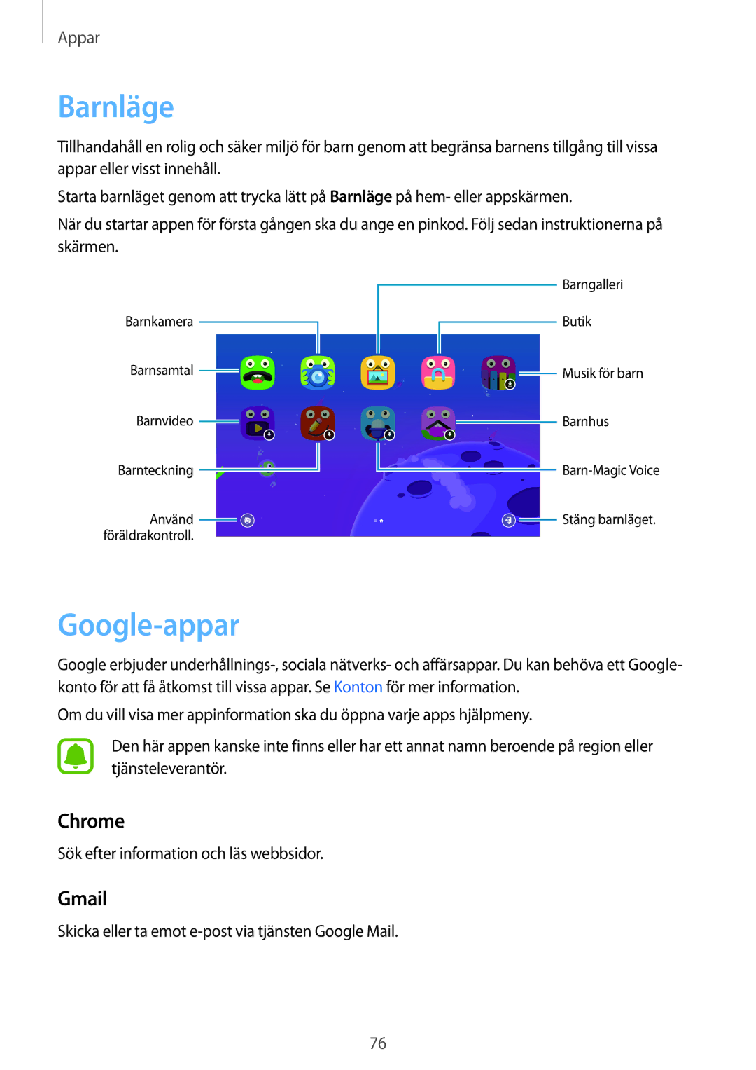 Samsung SM-T585NZWANEE, SM-T585NZWENEE, SM-T585NZKANEE, SM-T585NZKENEE manual Barnläge, Google-appar, Chrome, Gmail 
