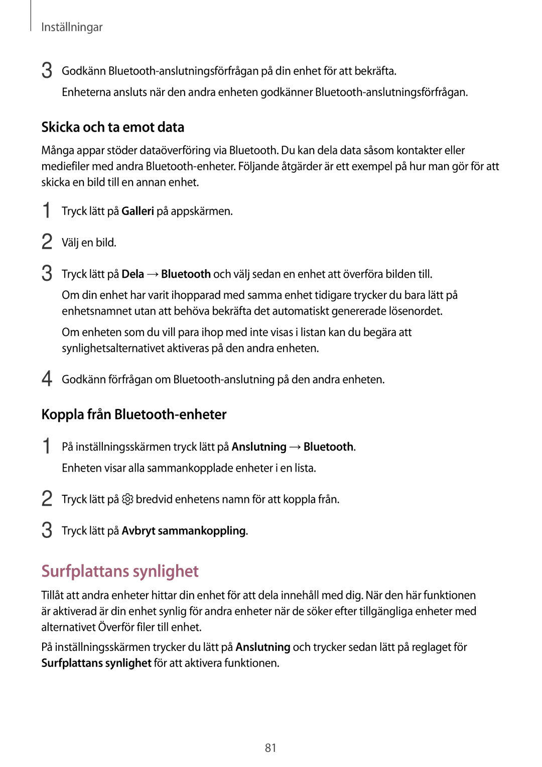 Samsung SM-T585NZWENEE, SM-T585NZWANEE manual Surfplattans synlighet, Skicka och ta emot data, Koppla från Bluetooth-enheter 