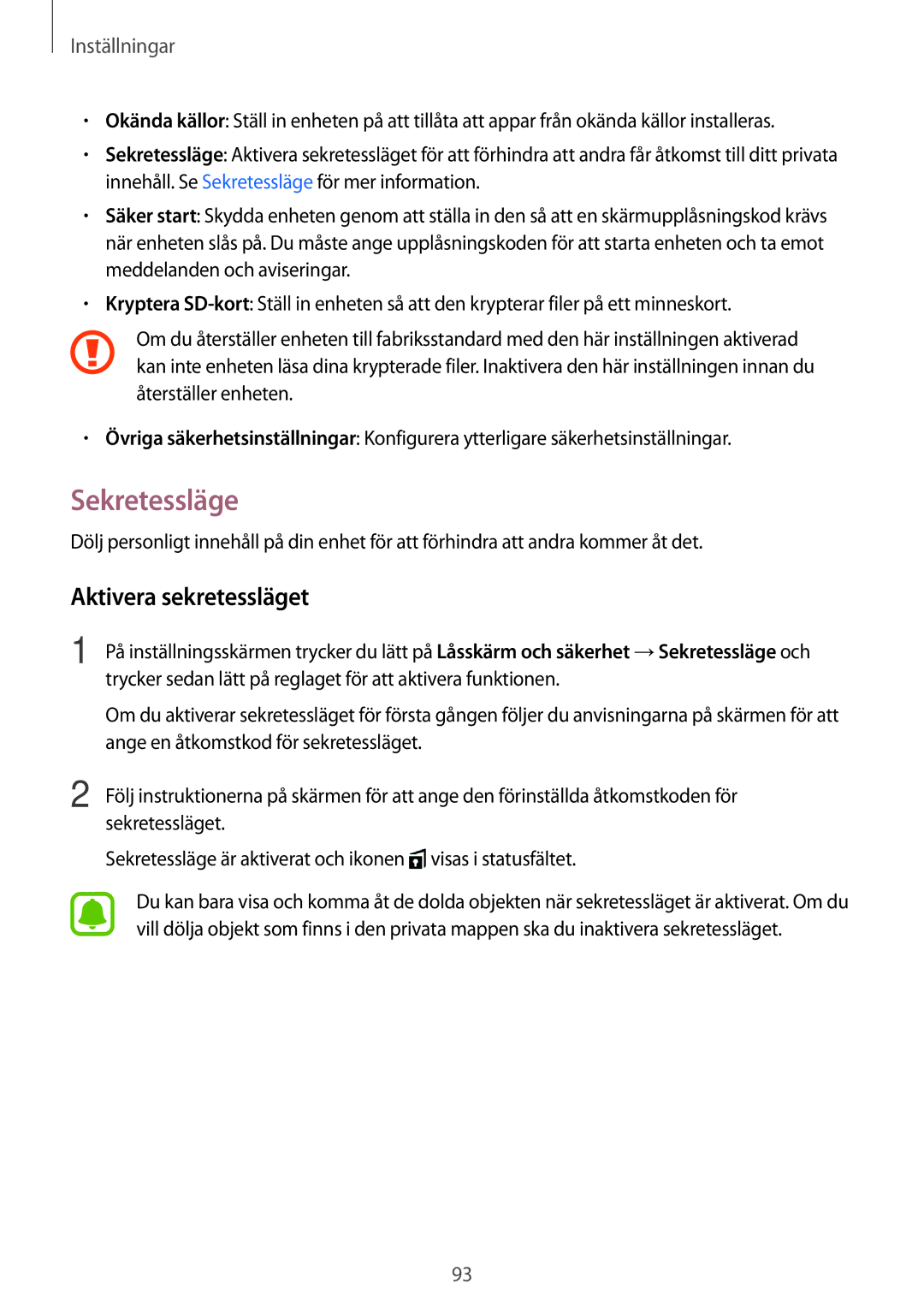 Samsung SM-T585NZWENEE, SM-T585NZWANEE, SM-T585NZKANEE, SM-T585NZKENEE manual Sekretessläge, Aktivera sekretessläget 