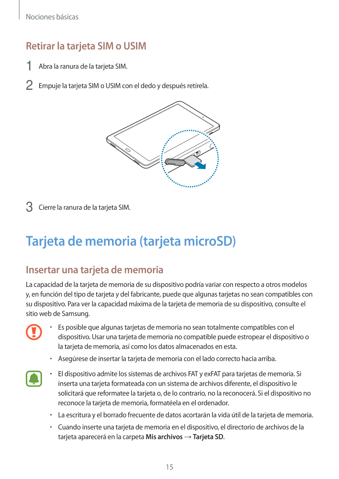 Samsung SM-T585NZKEPHE Tarjeta de memoria tarjeta microSD, Retirar la tarjeta SIM o Usim, Insertar una tarjeta de memoria 