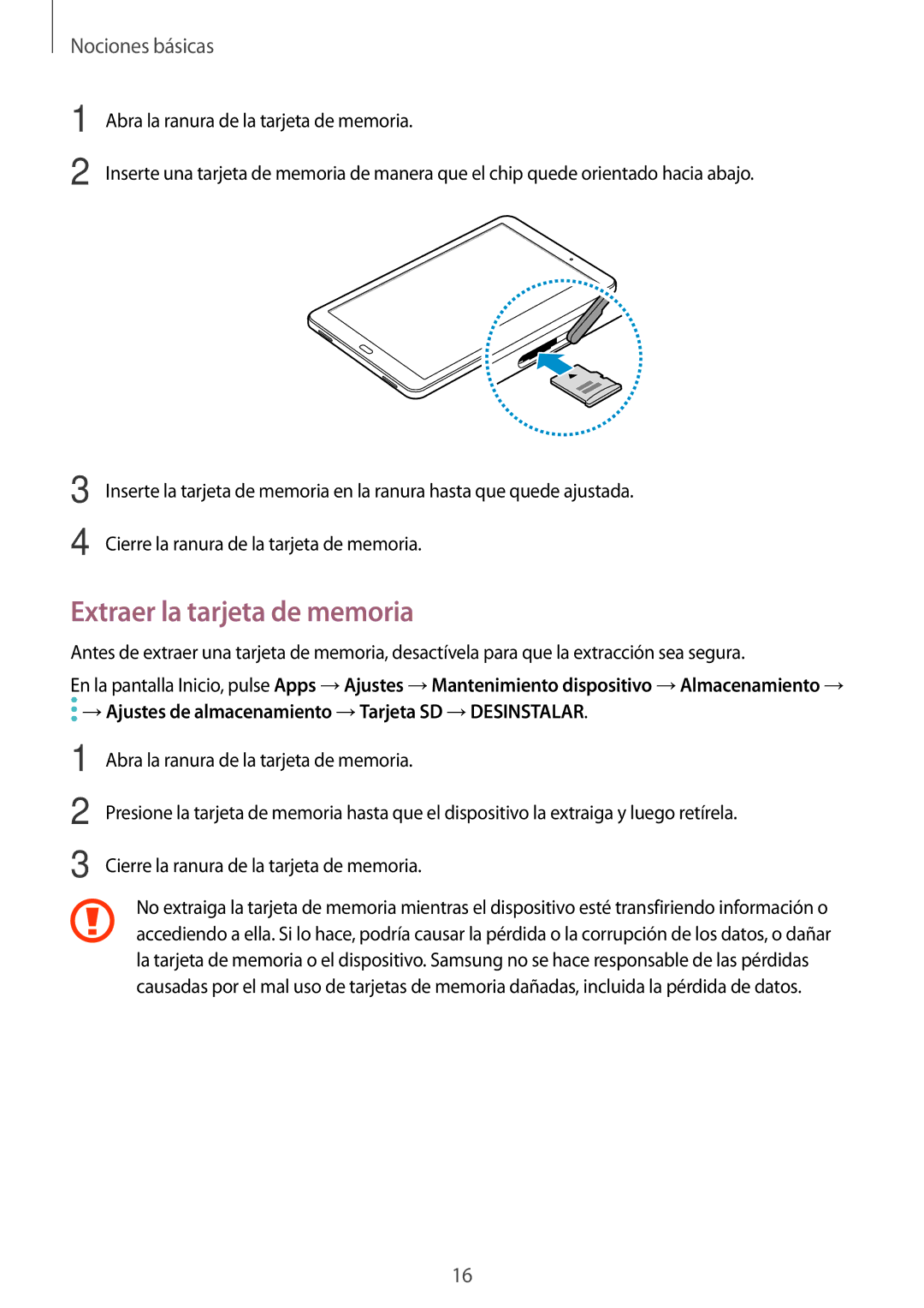 Samsung SM-T585NZWAPHE, SM-T585NZKAPHE, SM-T585NZWEPHE, SM-T585NZKEPHE manual Extraer la tarjeta de memoria 