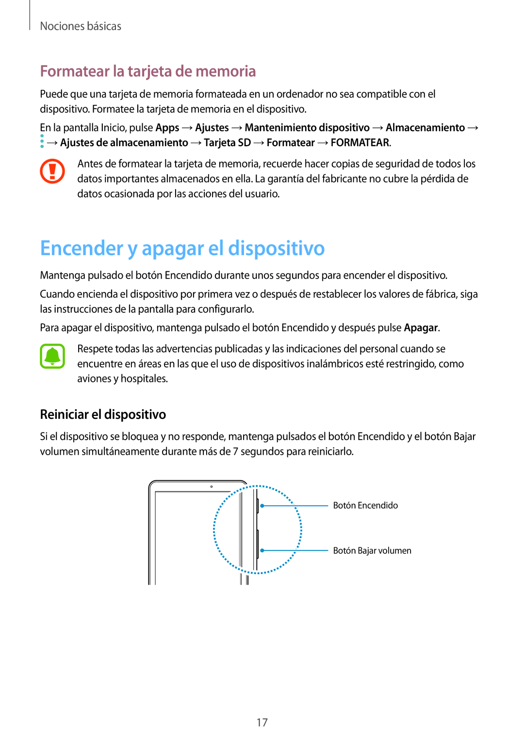 Samsung SM-T585NZKAPHE manual Encender y apagar el dispositivo, Formatear la tarjeta de memoria, Reiniciar el dispositivo 